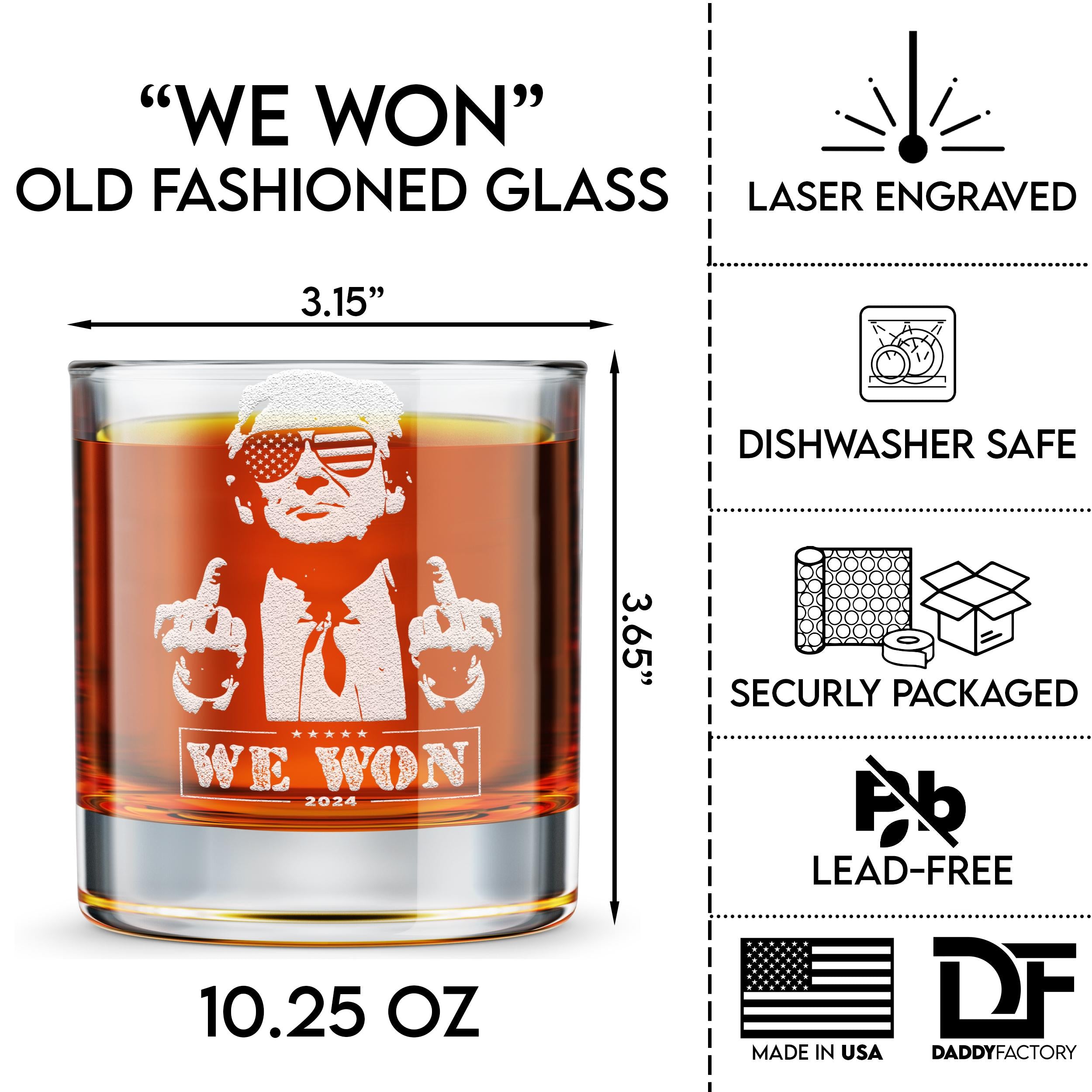 Engraved President We Won Whiskey Glass - 11oz Rocks Glass Gift for Dad - Made in the USA - Drinkware