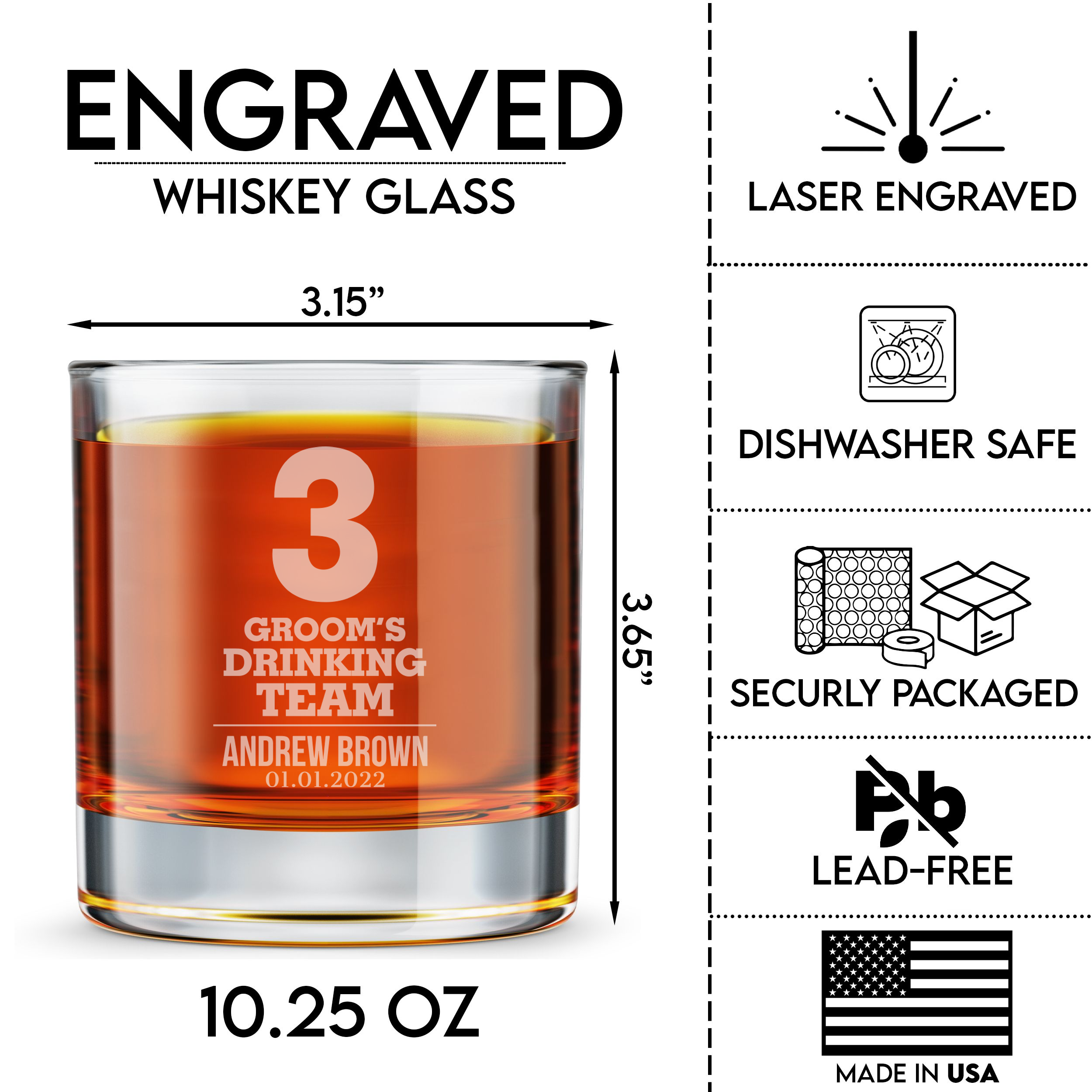 Personalized  Whiskey Glass for Groomsmen Custom Engraved Old Fashioned Glass 11 oz