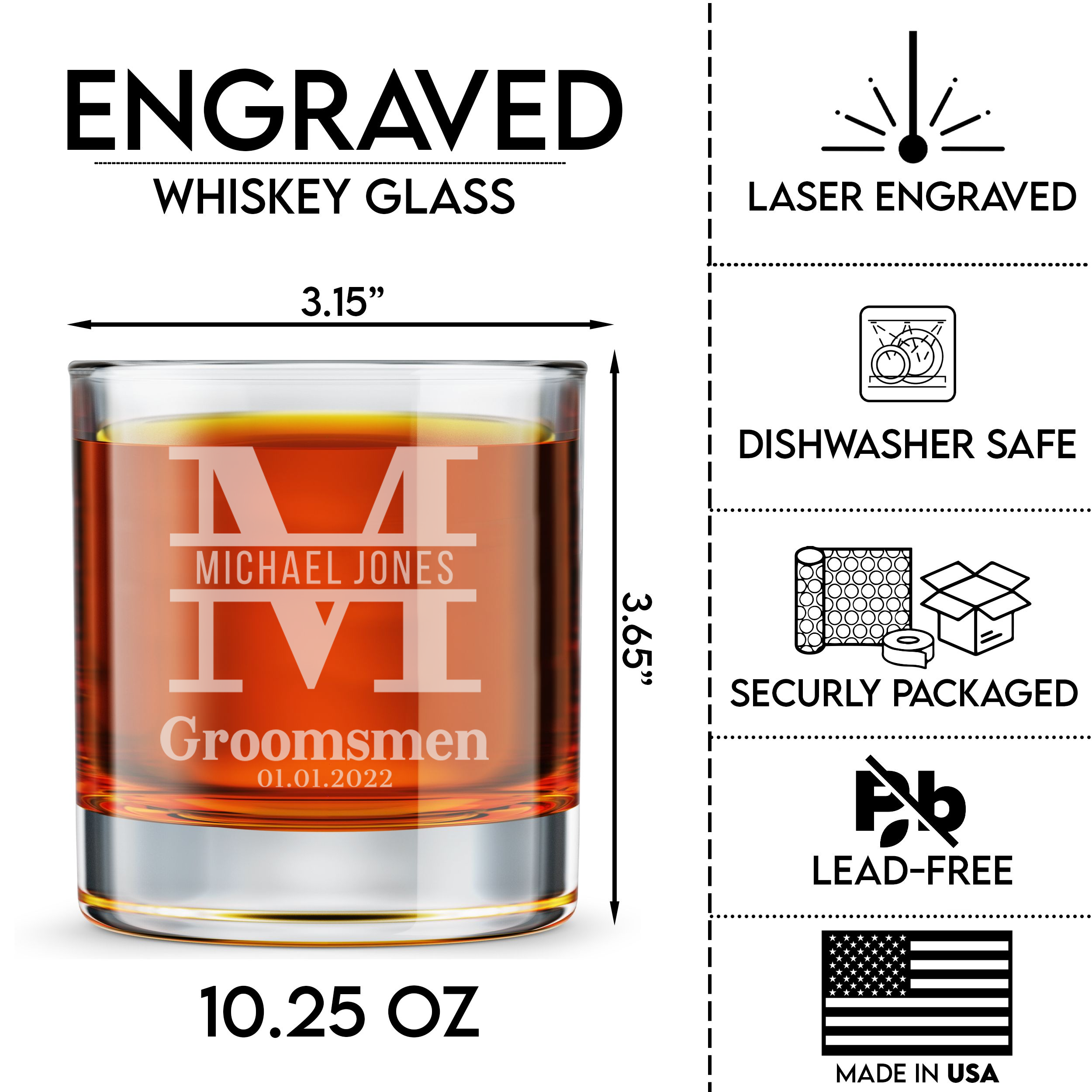 Personalized Groomsmen Themed Whiskey Glass Custom Engraved Old Fashioned Glass 11 oz