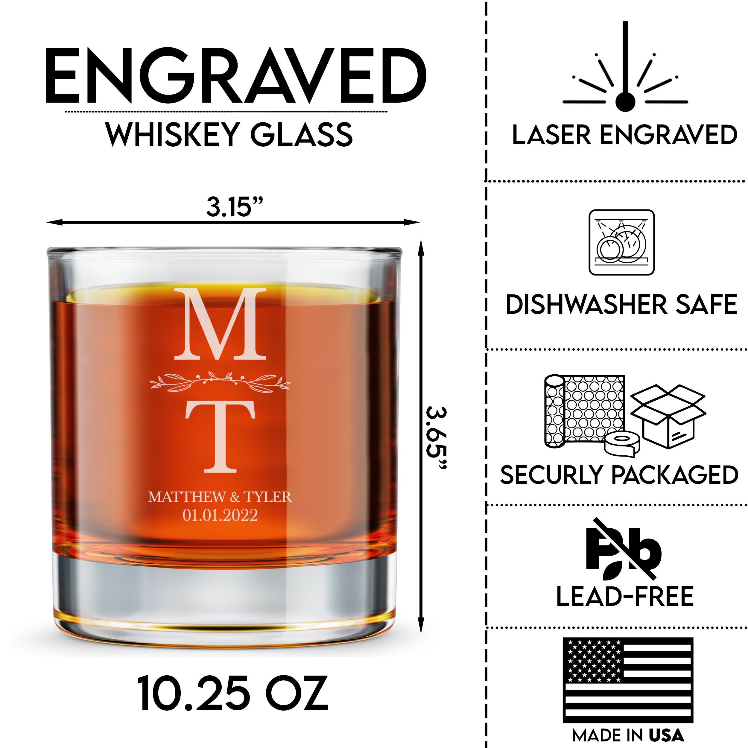 Personalized  Wedding Themed Whiskey Glass Custom Engraved Old Fashioned Glass 11 oz