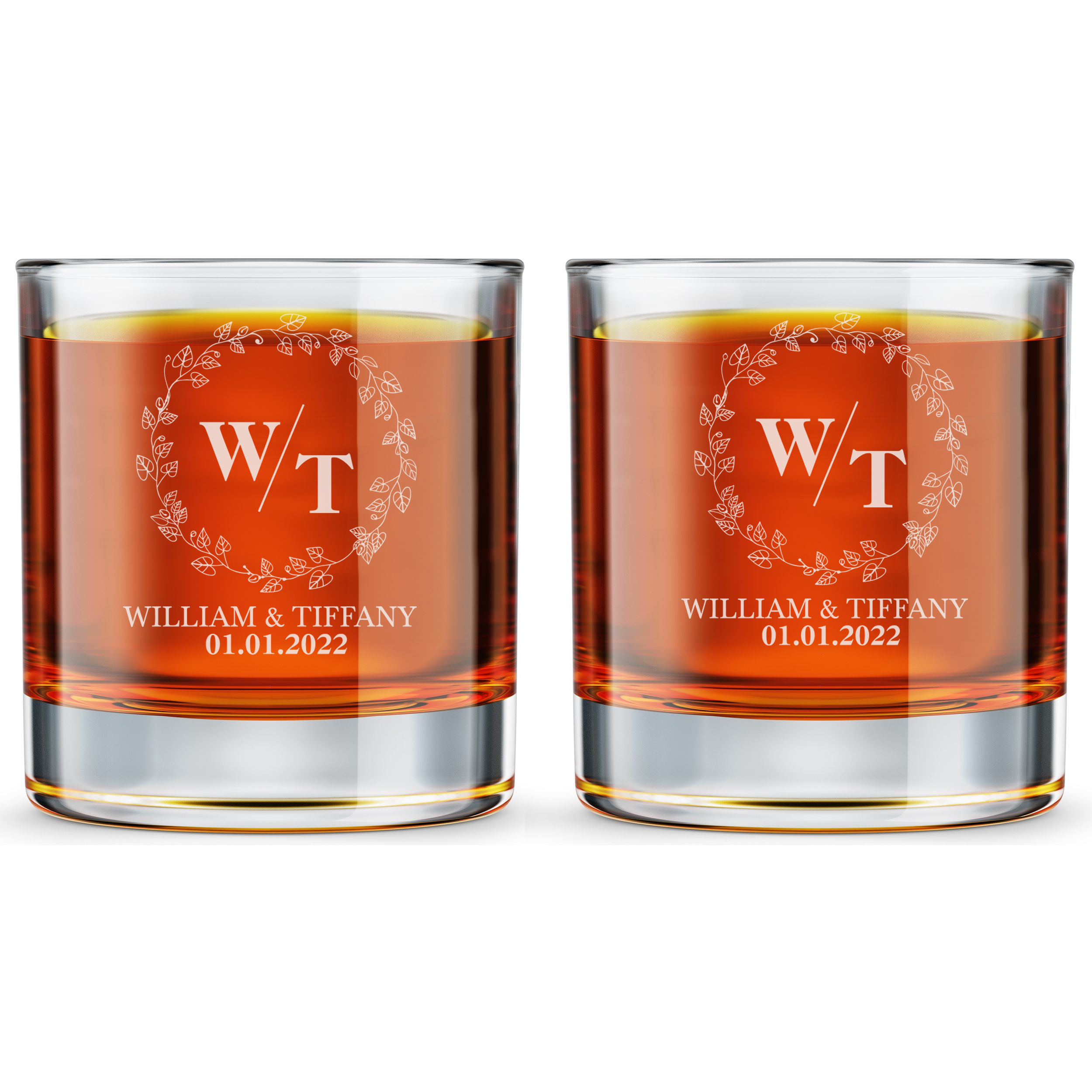 Personalized  Wedding Themed Whiskey Glass with Names Custom Engraved Old Fashioned Glass 11 oz