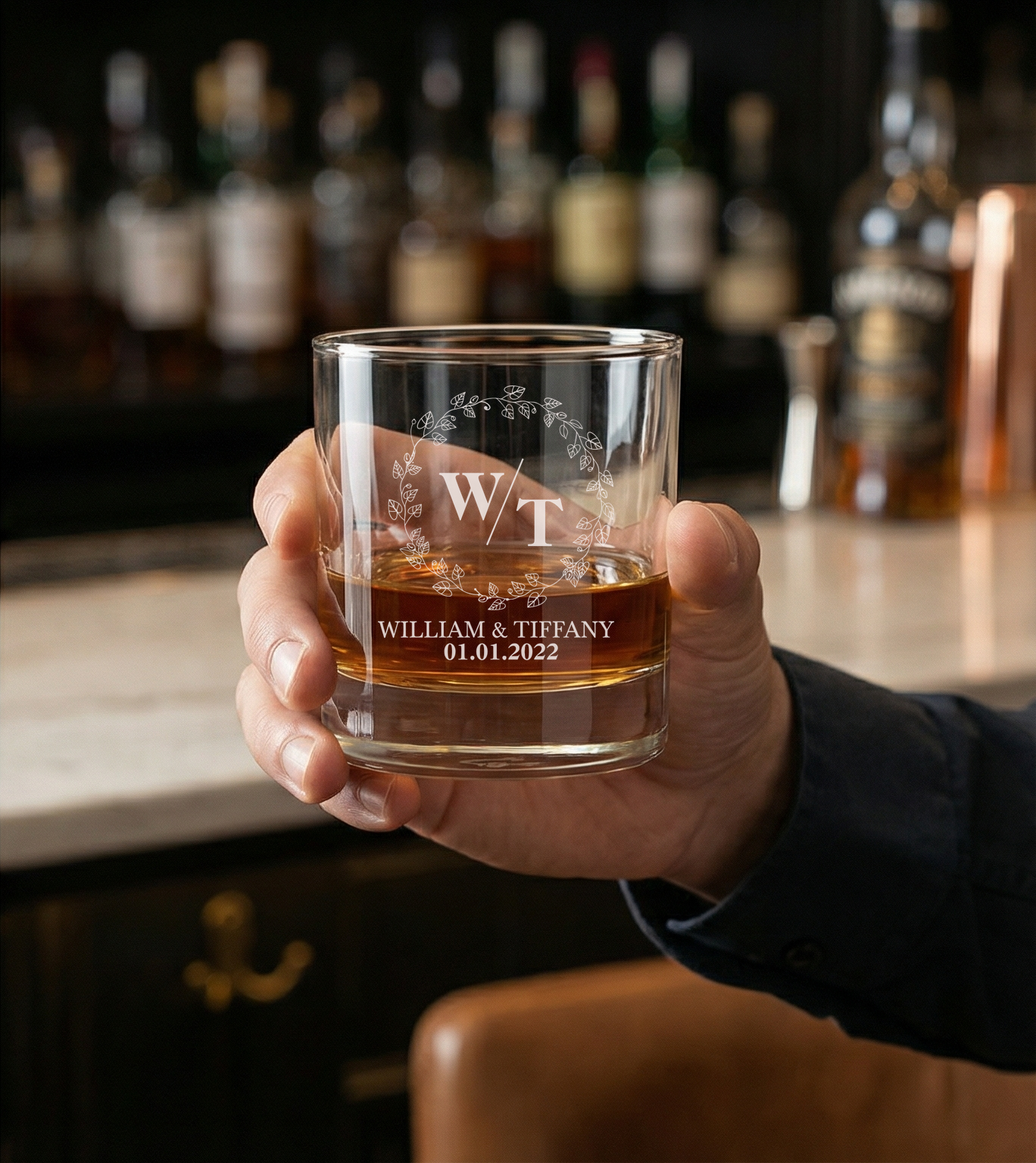 Personalized  Wedding Themed Whiskey Glass with Names Custom Engraved Old Fashioned Glass 11 oz