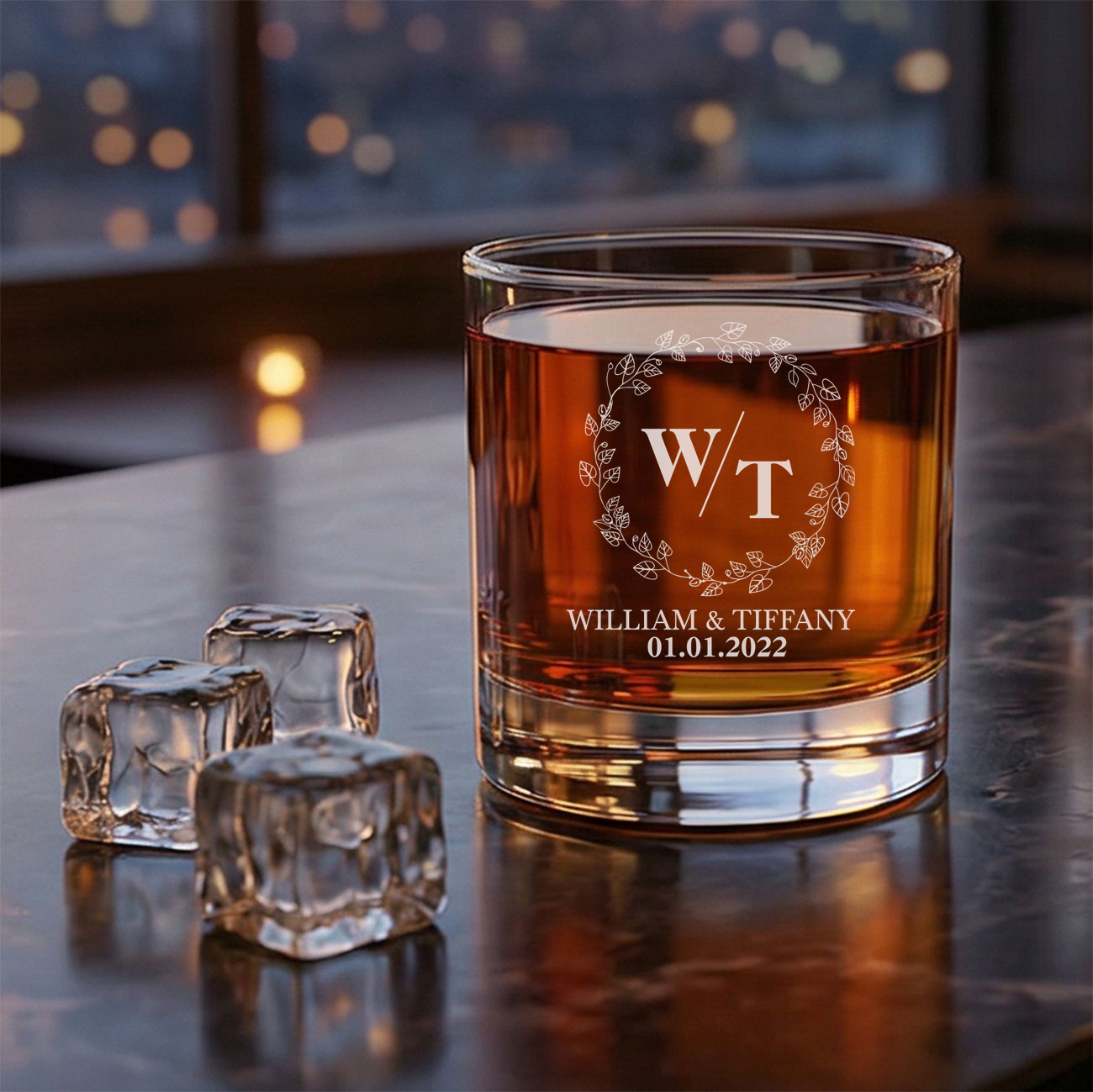 Personalized  Wedding Themed Whiskey Glass with Names Custom Engraved Old Fashioned Glass 11 oz