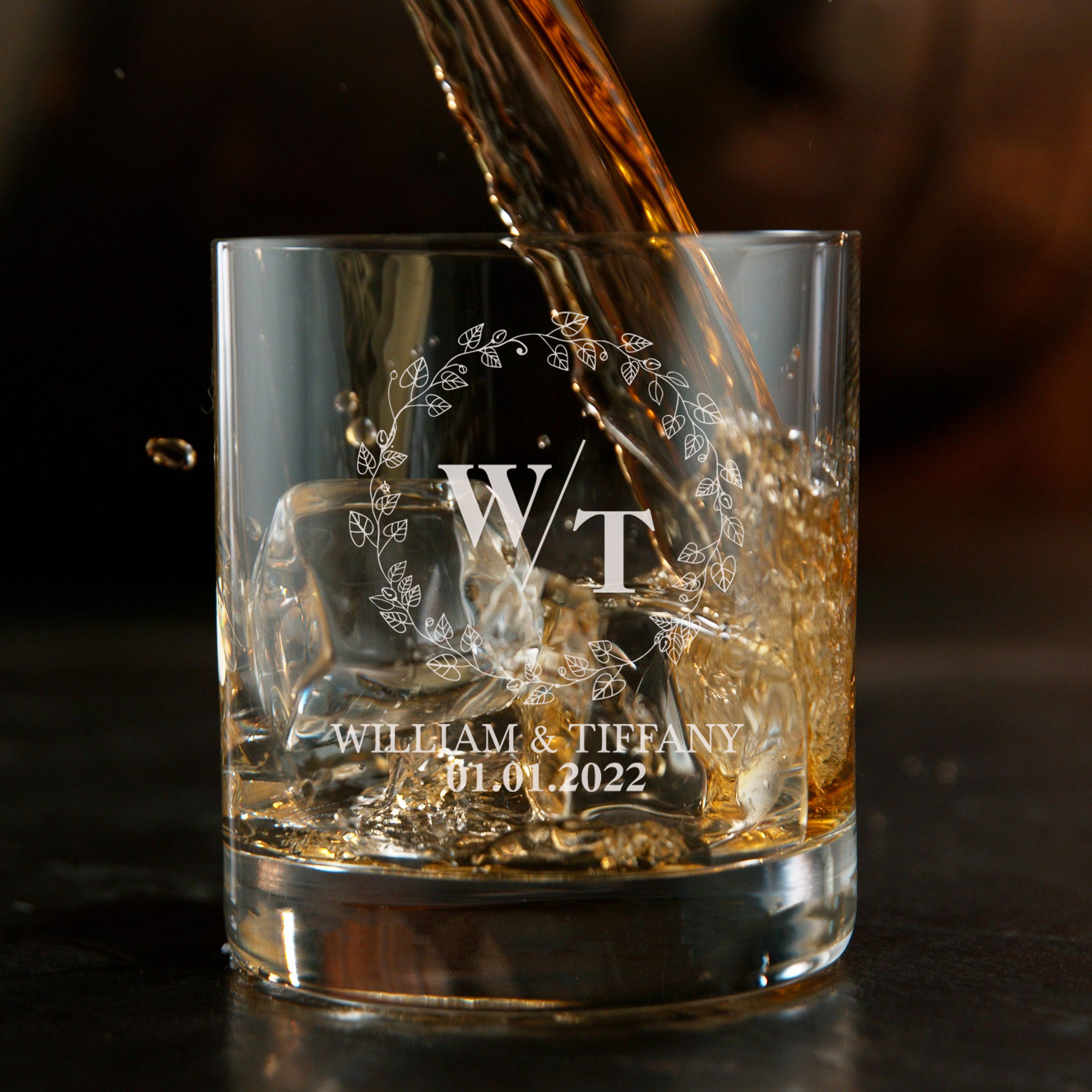 Personalized  Wedding Themed Whiskey Glass with Names Custom Engraved Old Fashioned Glass 11 oz