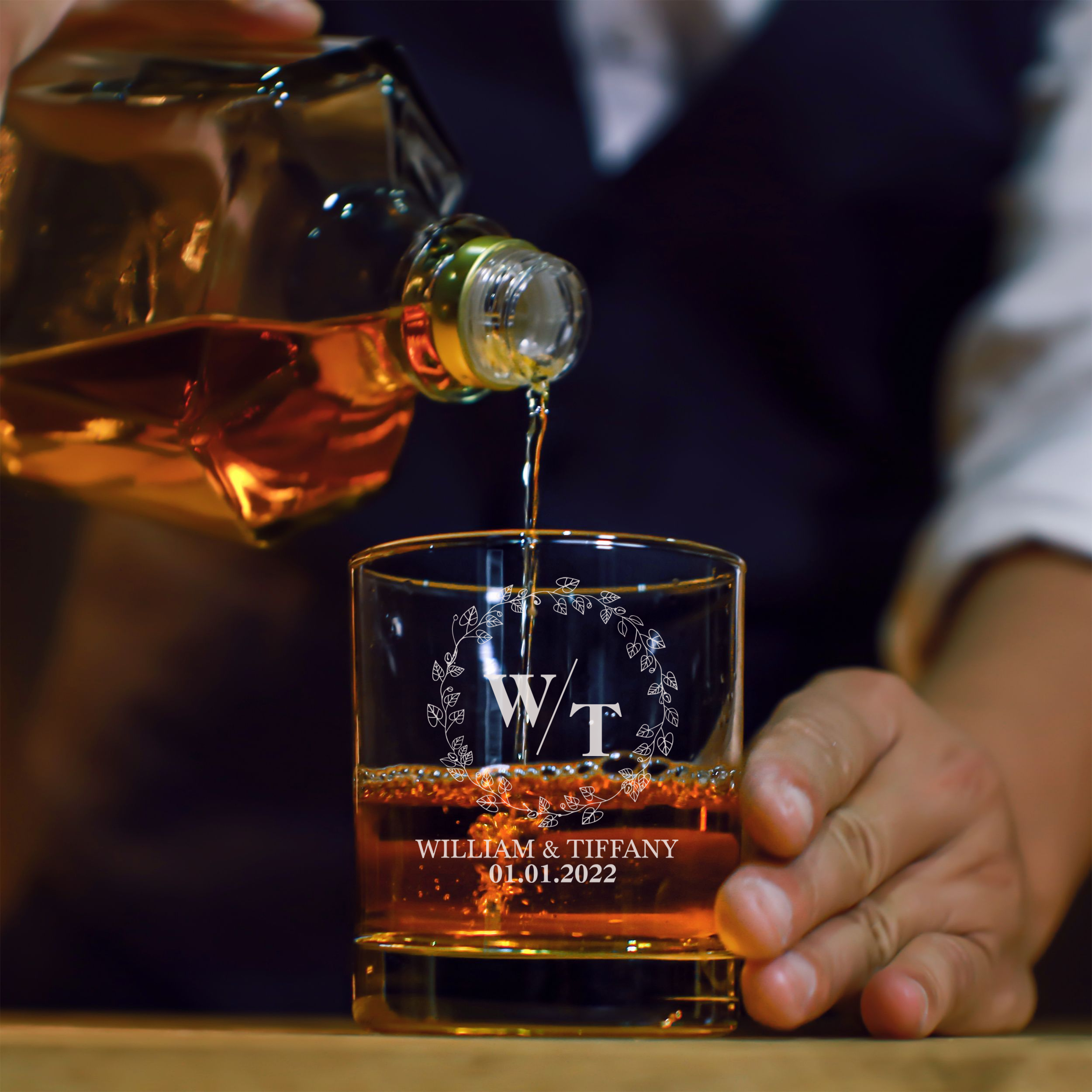 Personalized  Wedding Themed Whiskey Glass with Names Custom Engraved Old Fashioned Glass 11 oz