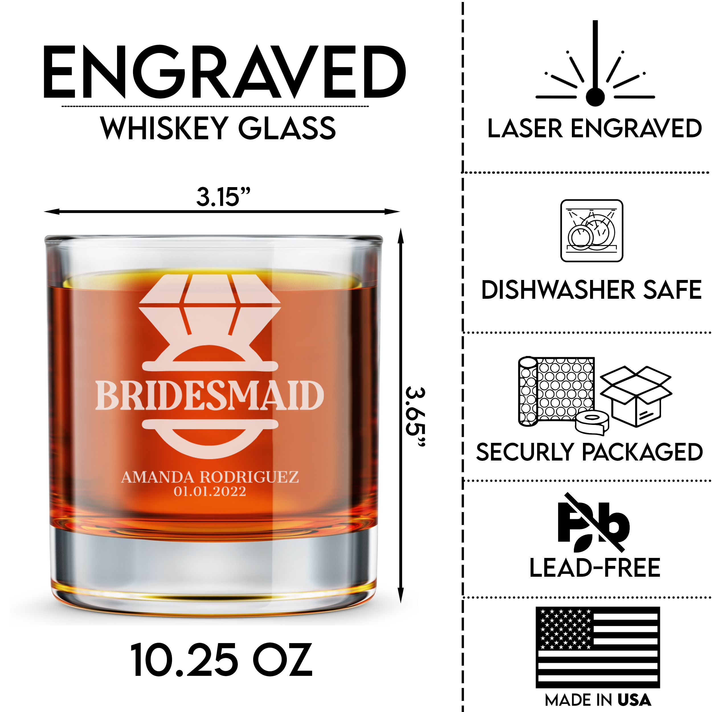 Personalized  Whiskey Glass for Bridesmaid Custom Engraved Old Fashioned Glass 11 oz