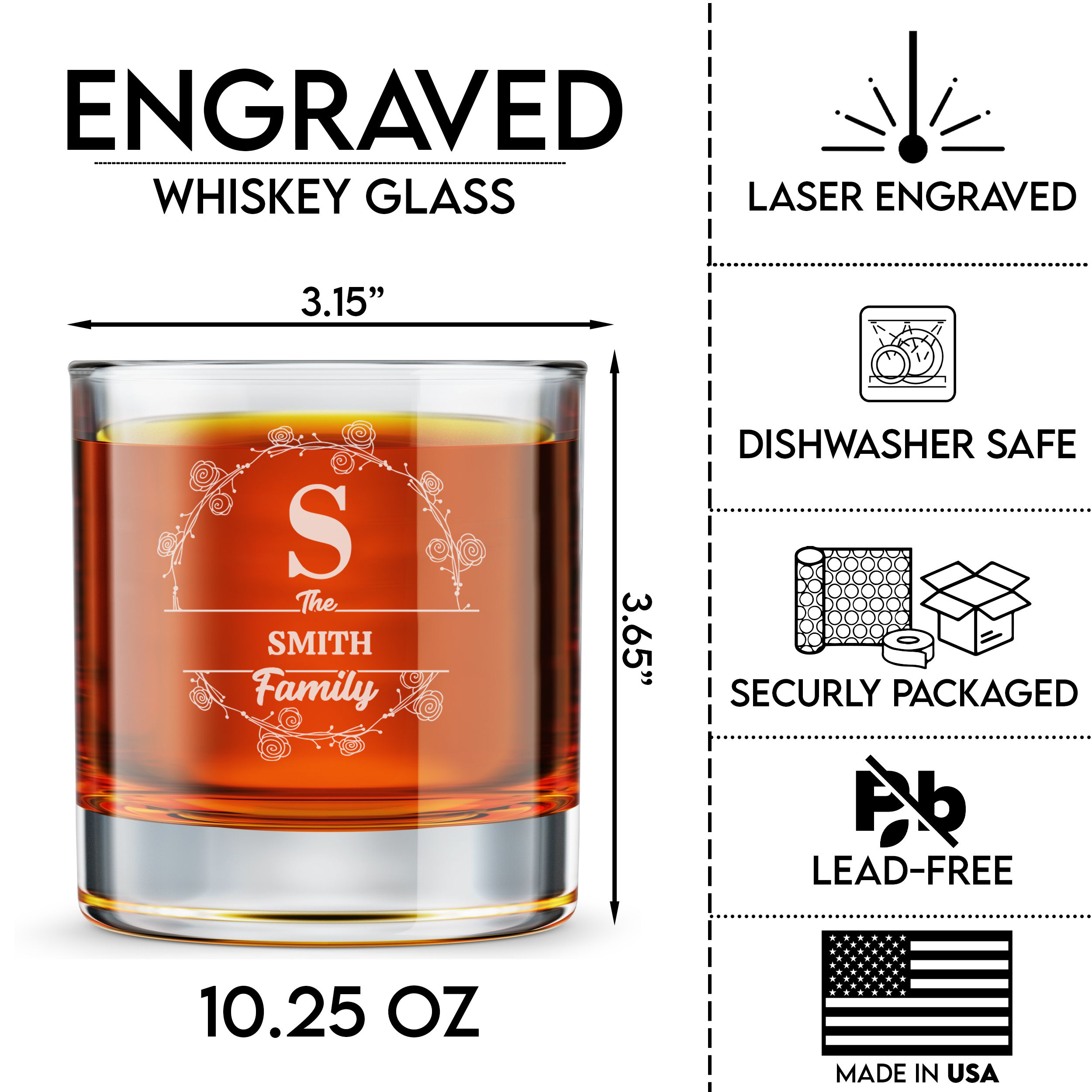 Personalized  Initial Monogram Whiskey Glass Custom Engraved Old Fashioned Glass 11 oz