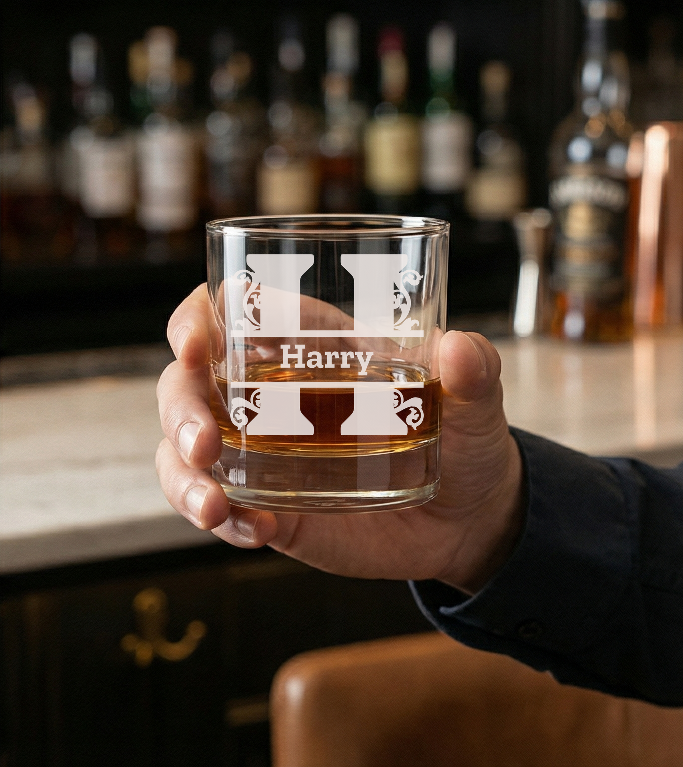 Personalized 1 Letter Monogram Whiskey Glass Custom Engraved Old Fashioned Glass 11 oz