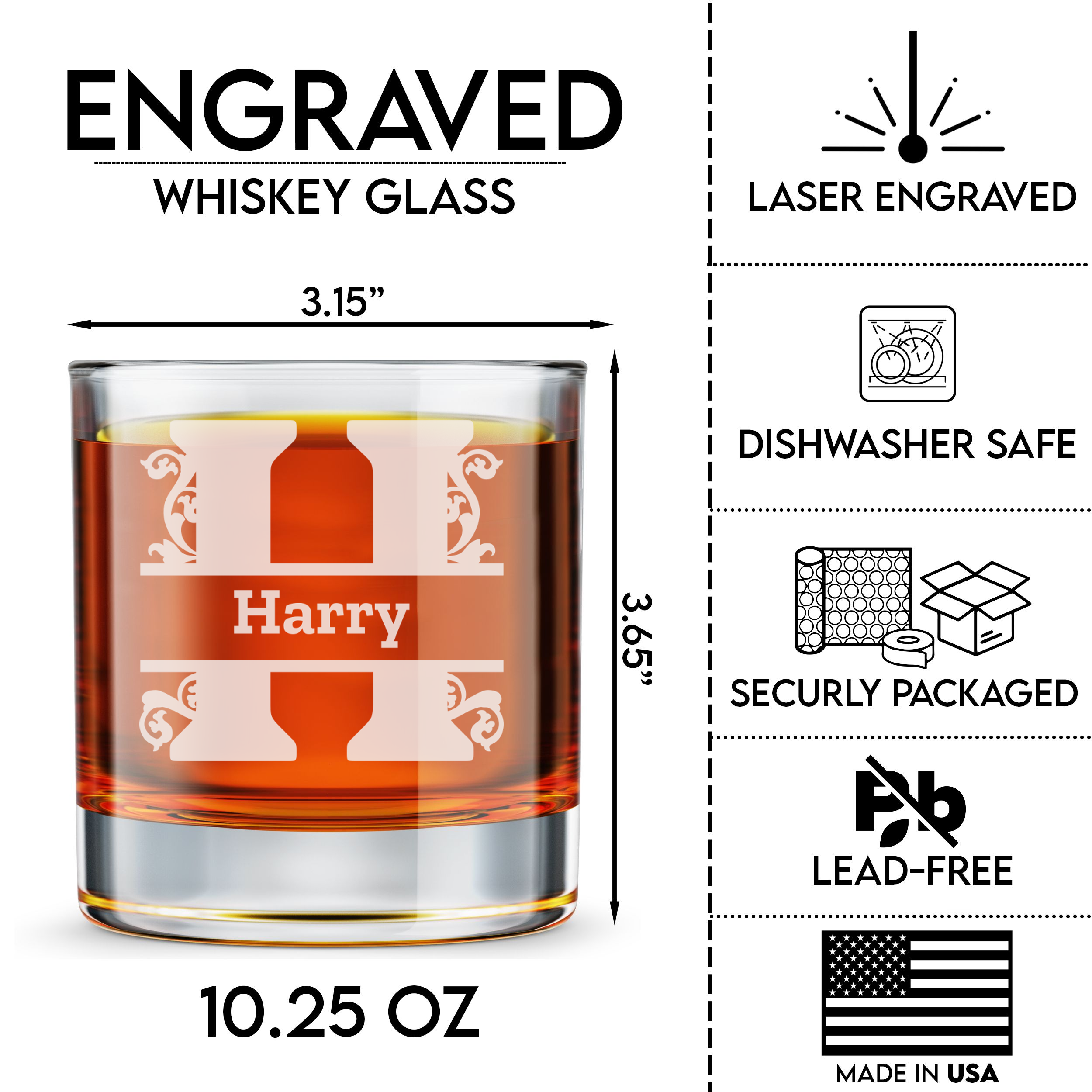 Personalized 1 Letter Monogram Whiskey Glass Custom Engraved Old Fashioned Glass 11 oz