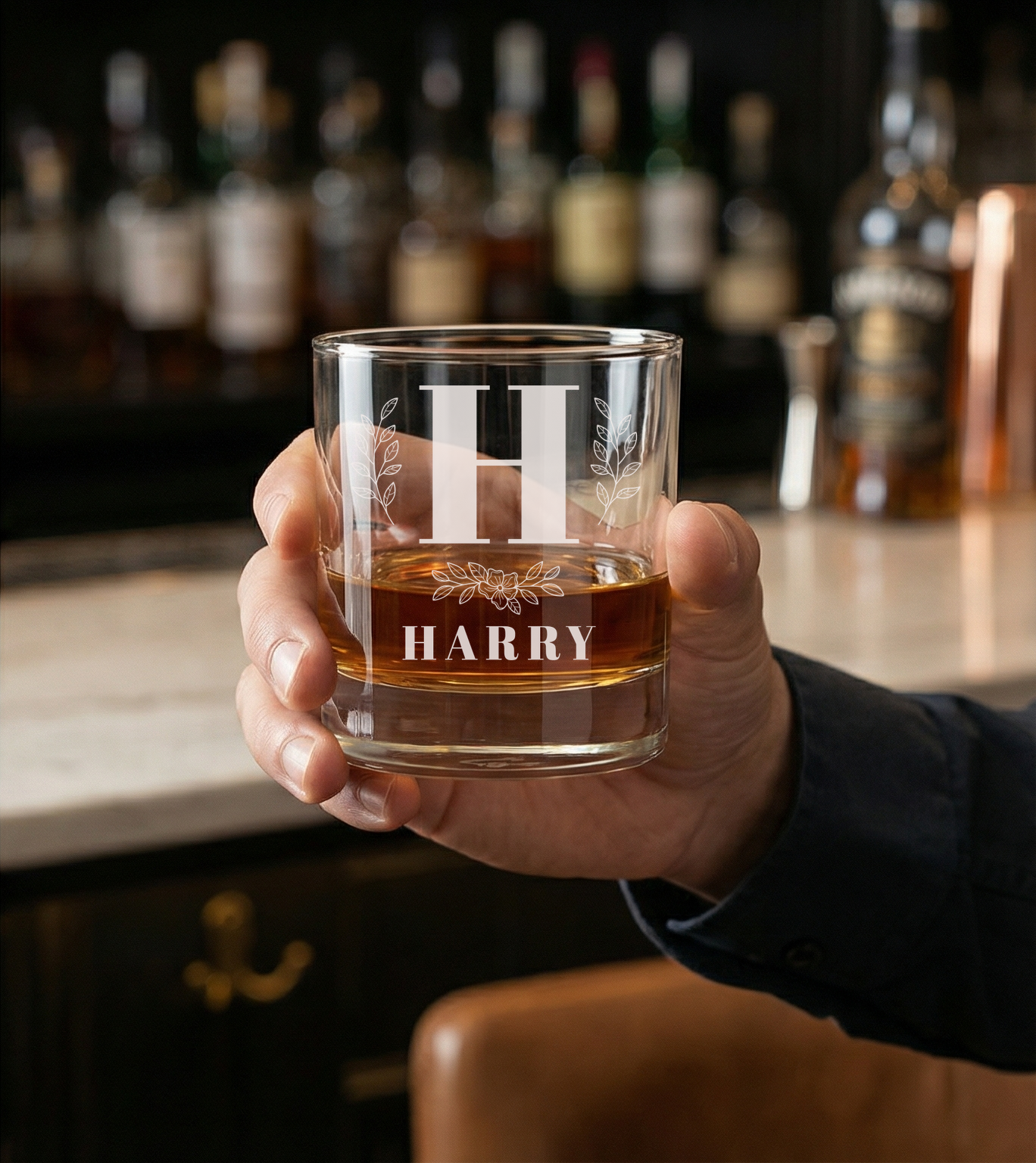 Personalized 1 Letter with Name Monogram Whiskey Glass Custom Engraved Old Fashioned Glass 11 oz