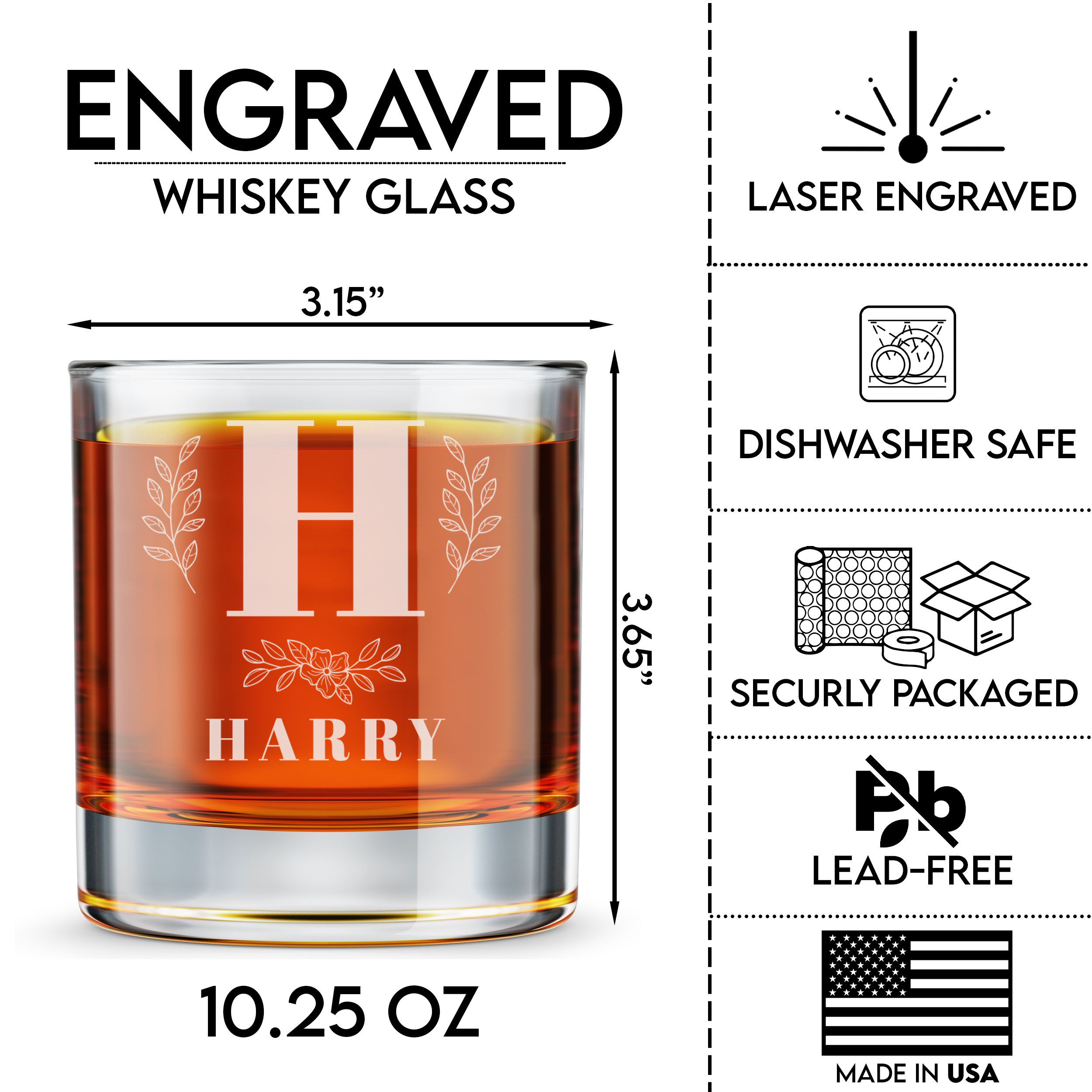 Personalized 1 Letter with Name Monogram Whiskey Glass Custom Engraved Old Fashioned Glass 11 oz
