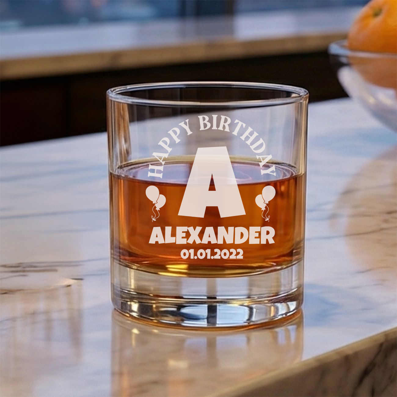 Personalized  Birthday Themed Whiskey Glass Custom Engraved Old Fashioned Glass 11 oz