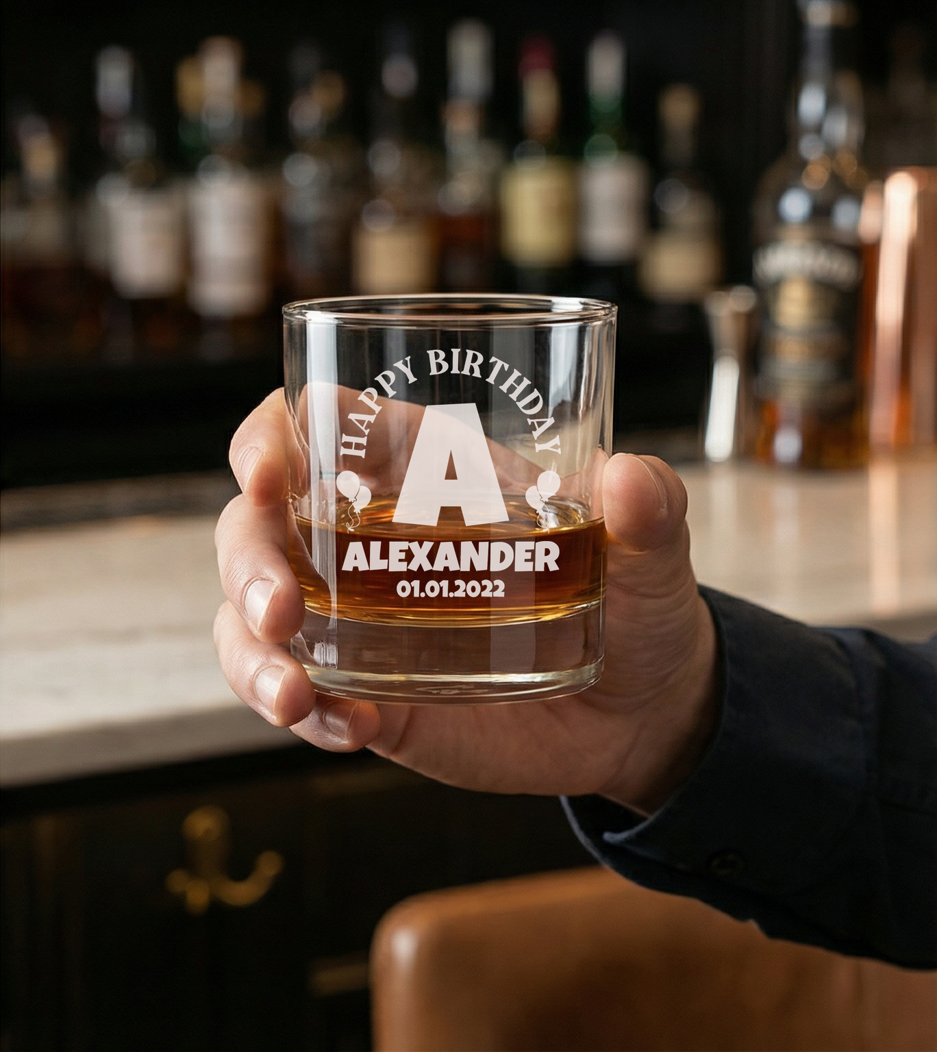 Personalized  Birthday Themed Whiskey Glass Custom Engraved Old Fashioned Glass 11 oz