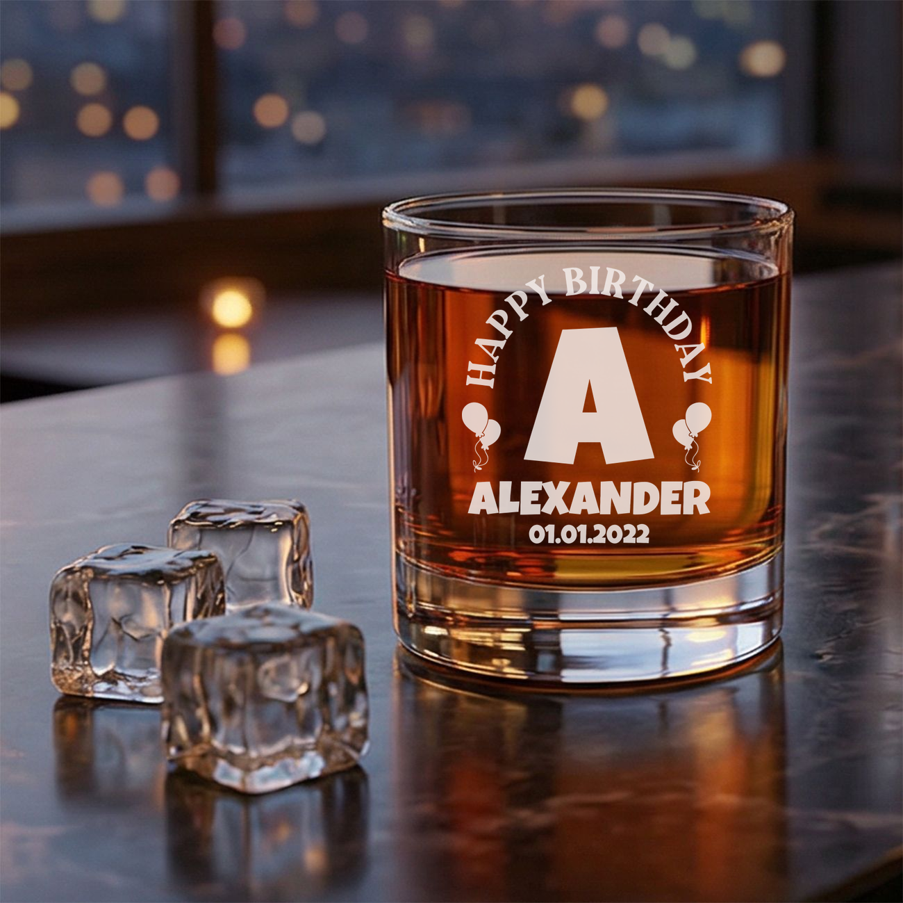 Personalized  Birthday Themed Whiskey Glass Custom Engraved Old Fashioned Glass 11 oz