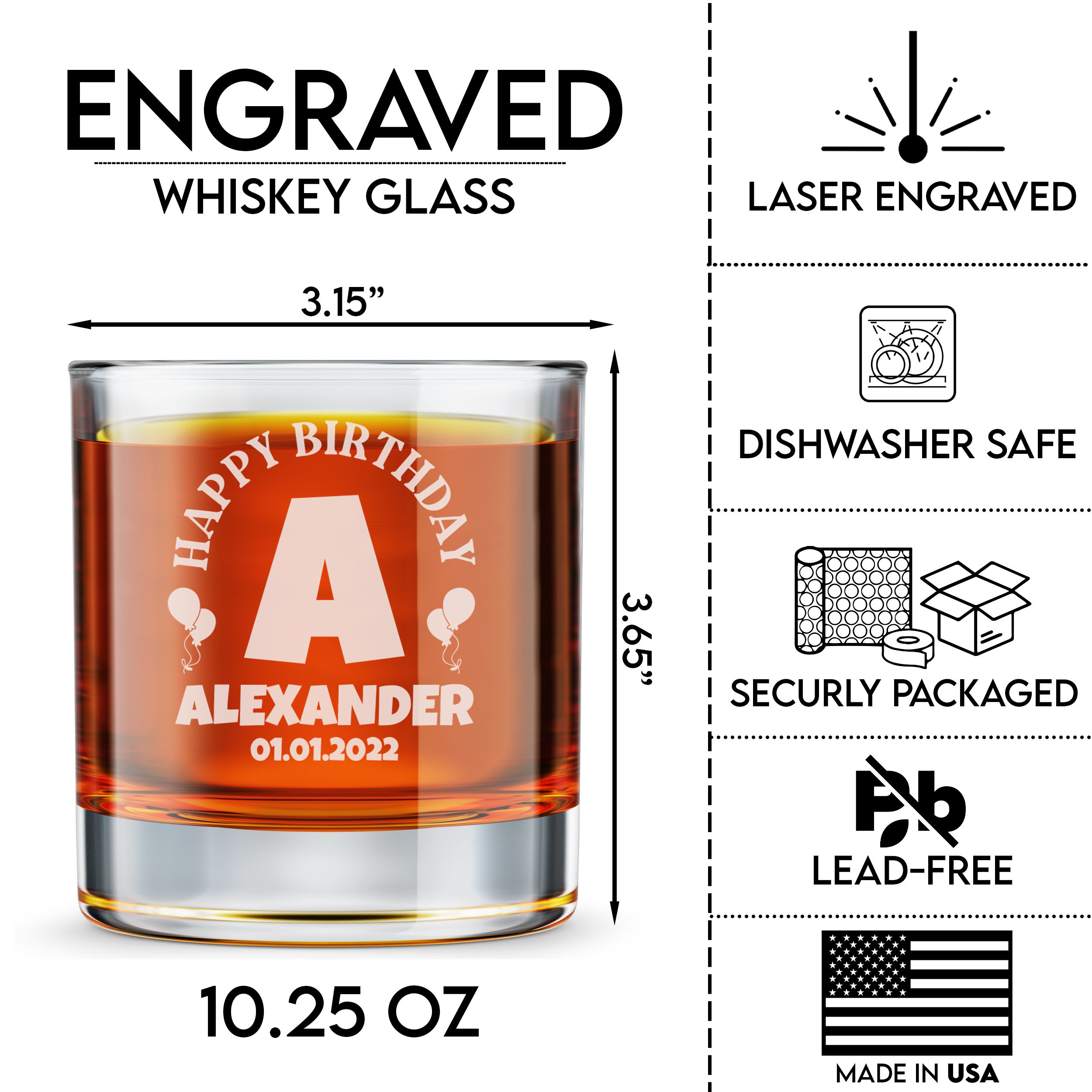 Personalized  Birthday Themed Whiskey Glass Custom Engraved Old Fashioned Glass 11 oz