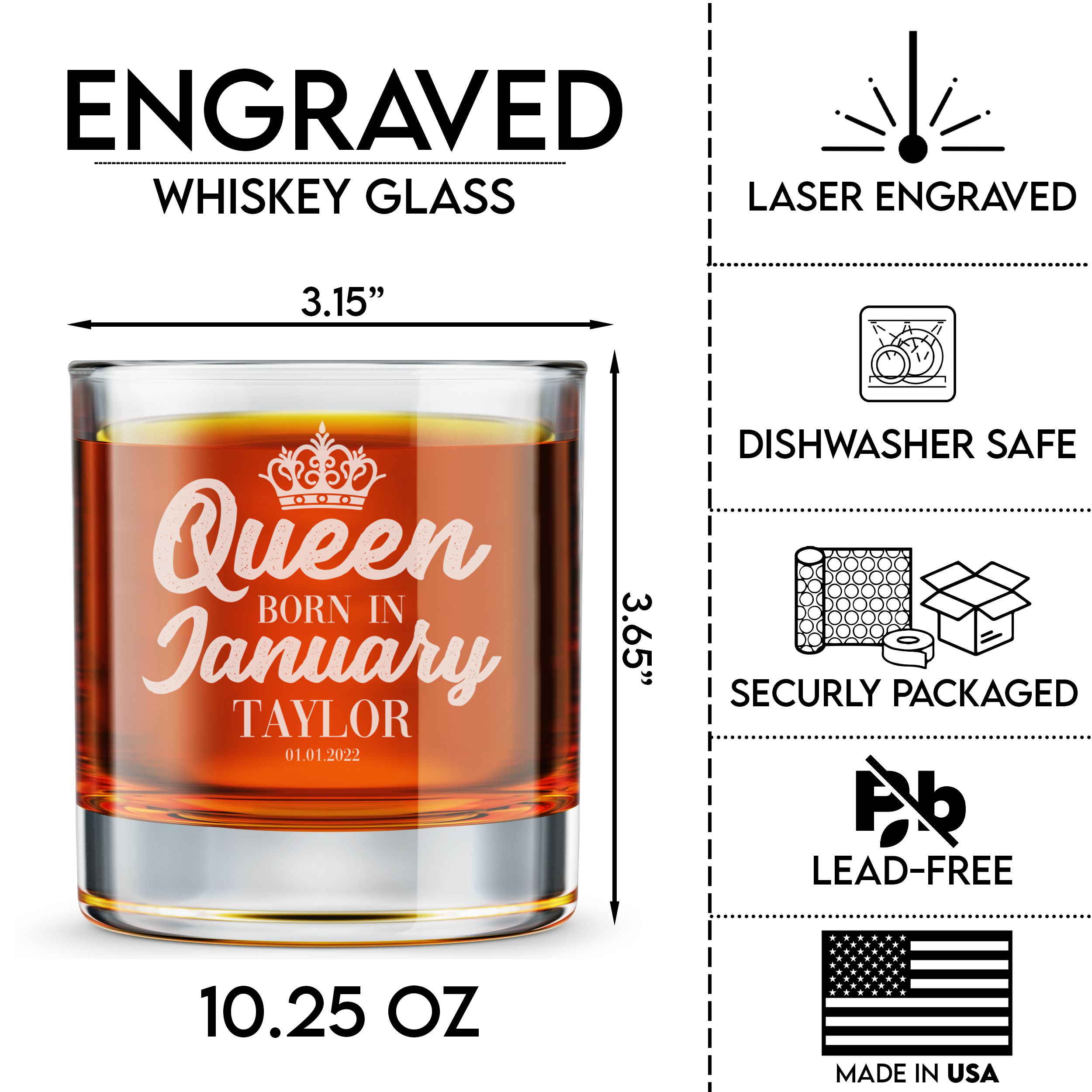 Personalized  Birthday Themed Whiskey Glass with Name Custom Engraved Old Fashioned Glass 11 oz