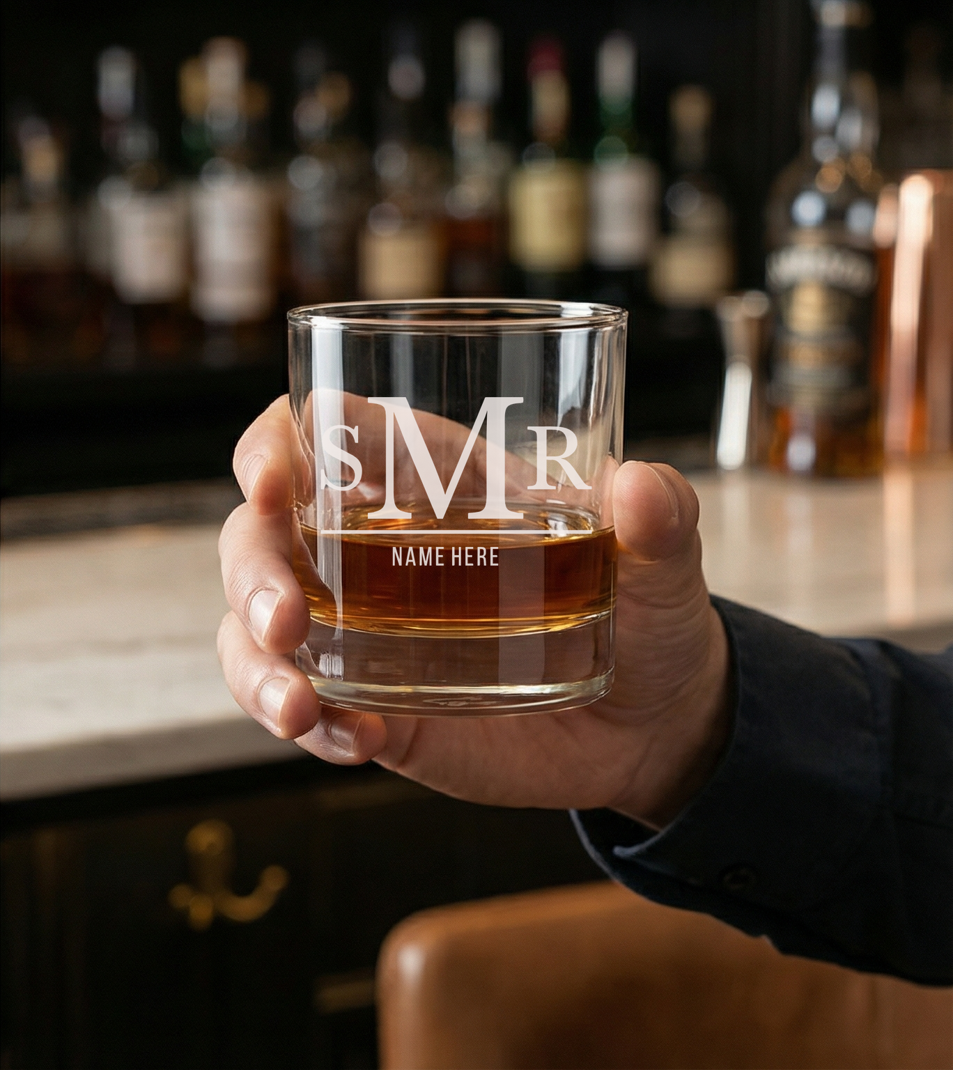 Personalized 3 Letter Monogram with Name Whiskey Glass Custom Engraved Old Fashioned Glass 11 oz