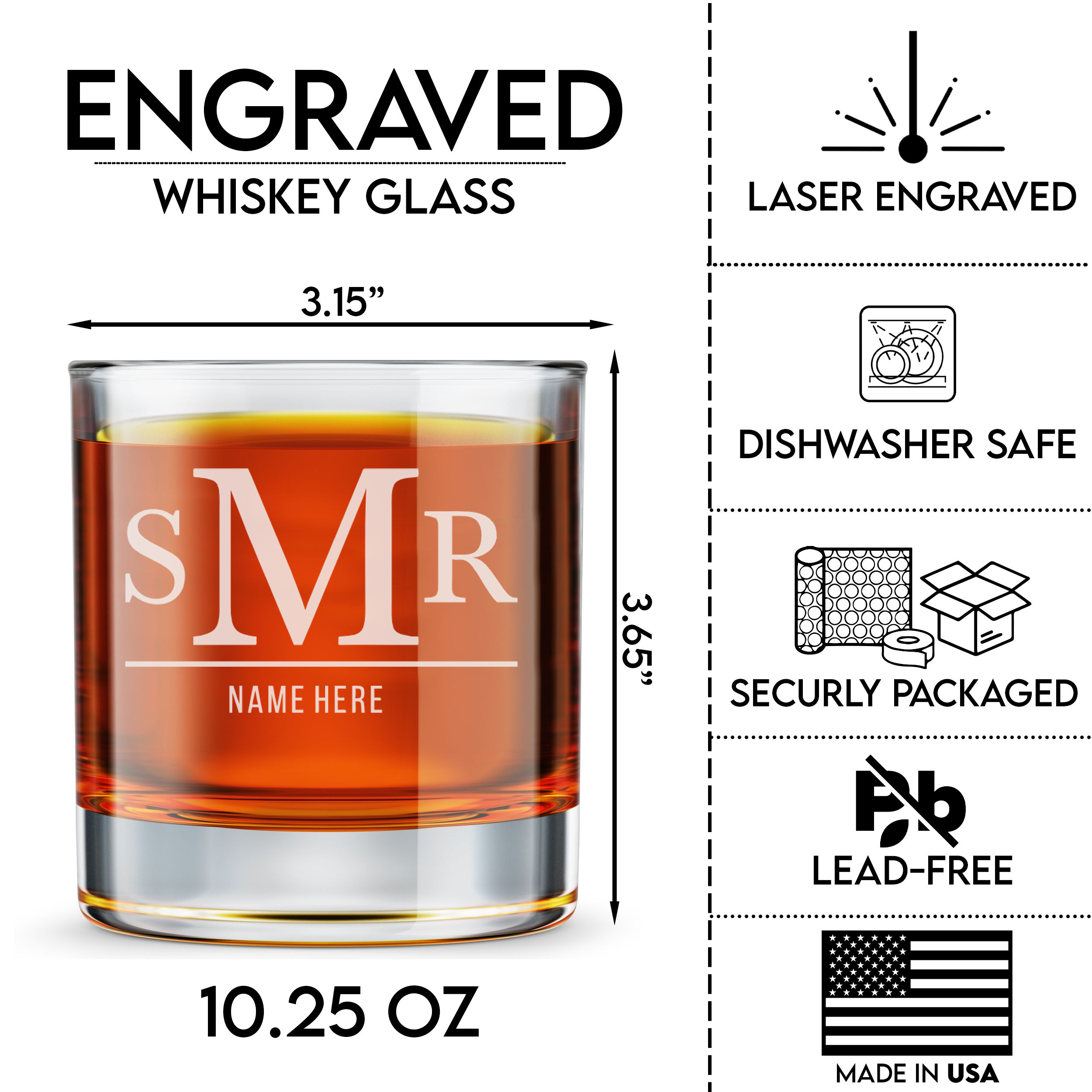 Personalized 3 Letter Monogram with Name Whiskey Glass Custom Engraved Old Fashioned Glass 11 oz