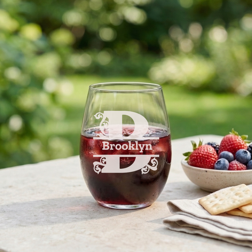 Personalized 1 Letter Monogram Wine Glass Custom Engraved 15 oz Stemless Wine Glass