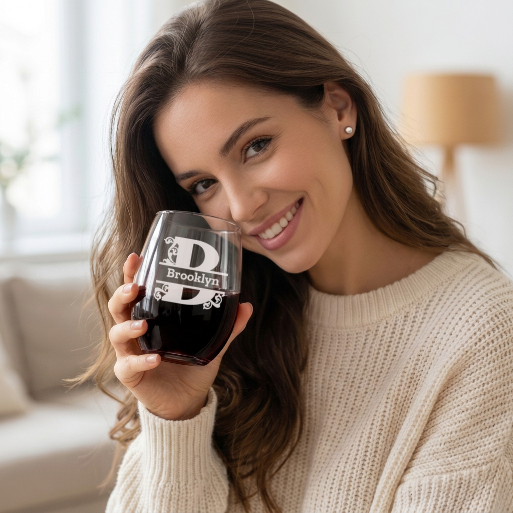 Personalized 1 Letter Monogram Wine Glass Custom Engraved 15 oz Stemless Wine Glass