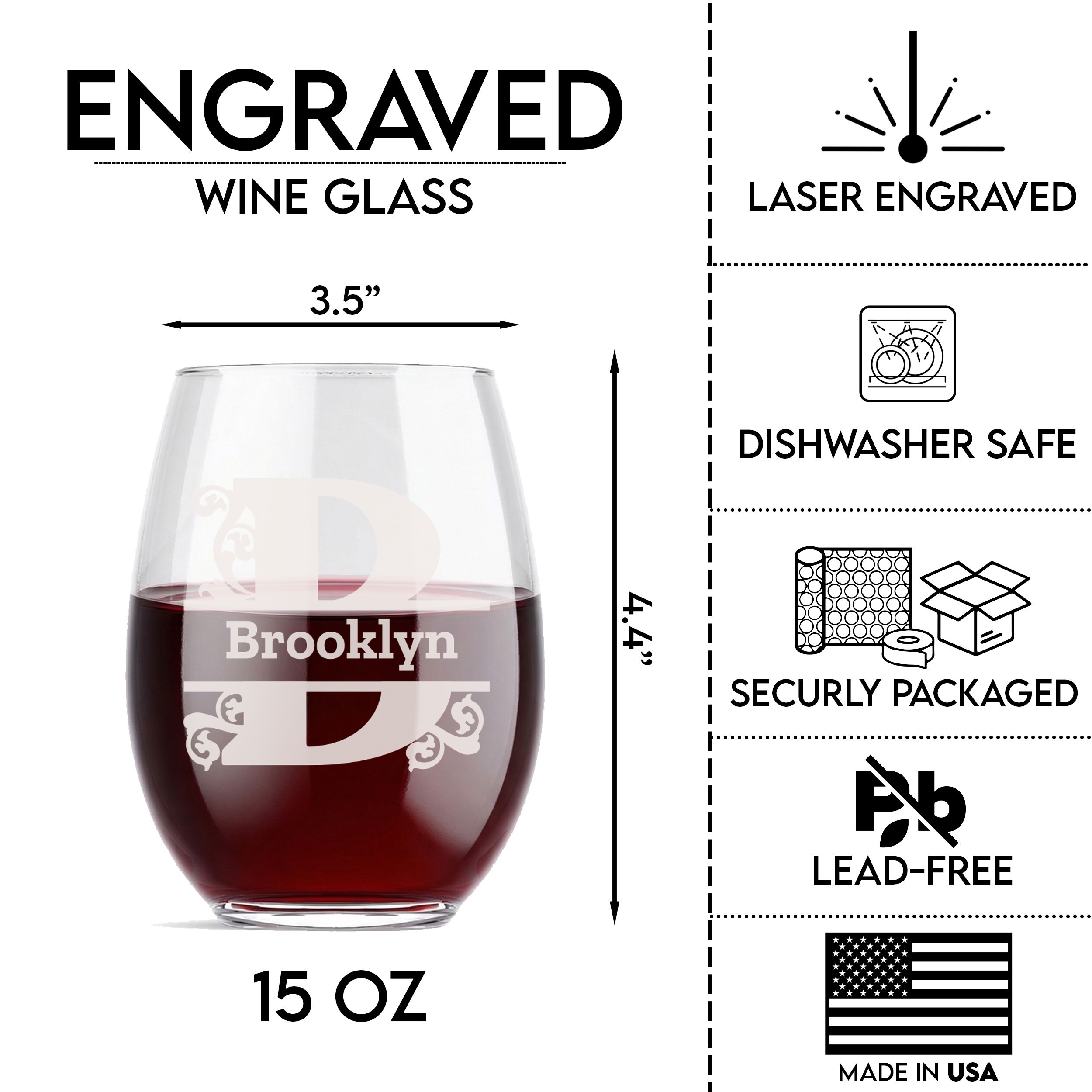 Personalized 1 Letter Monogram Wine Glass Custom Engraved 15 oz Stemless Wine Glass