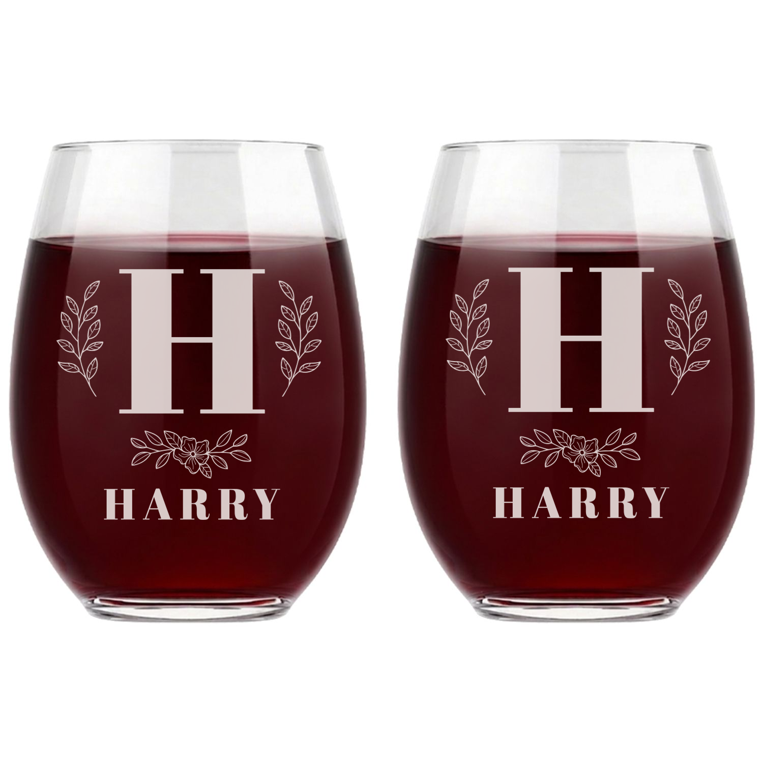 Personalized 1 Letter with Name Monogram Wine Glass Custom Engraved 15 oz Stemless Wine Glass