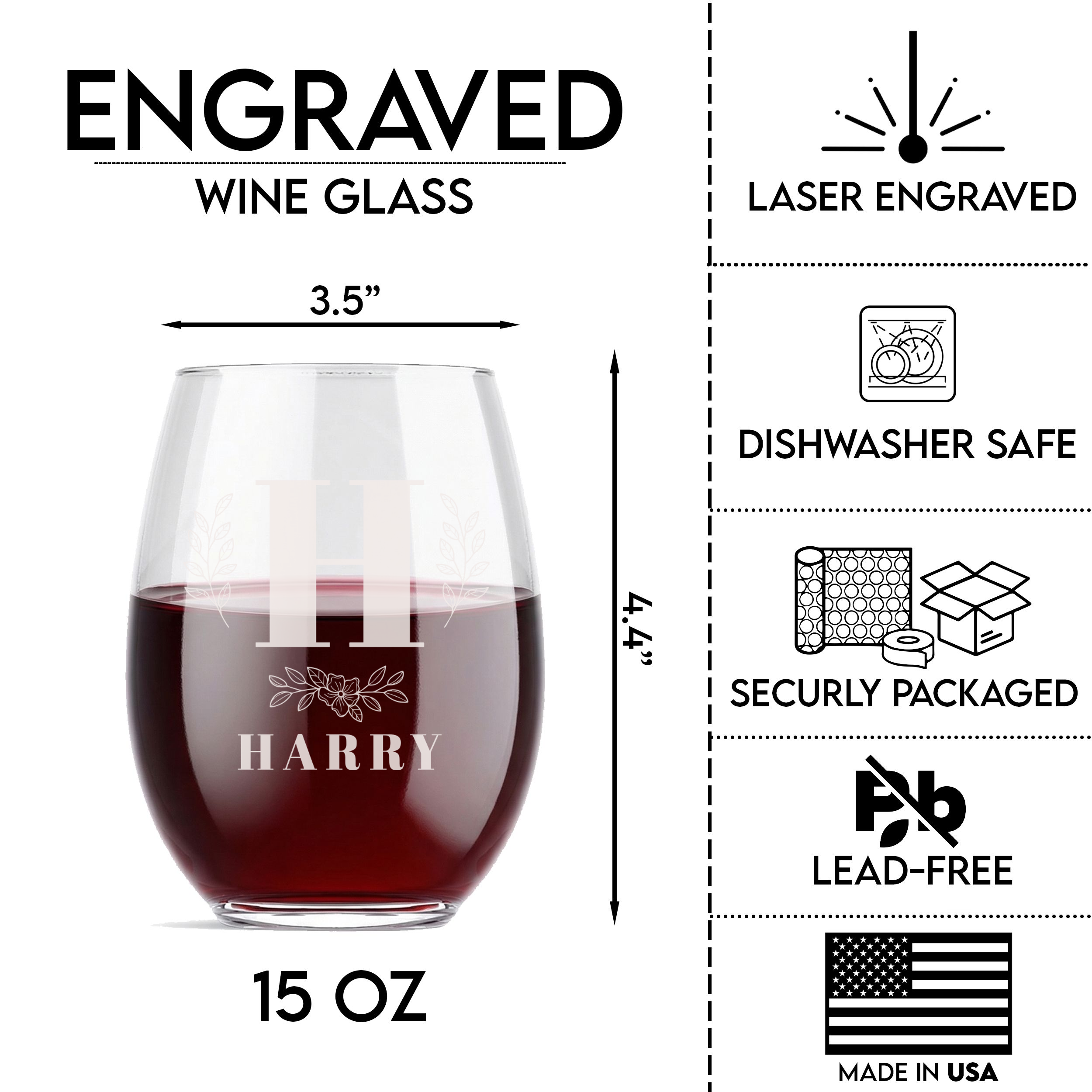 Personalized 1 Letter with Name Monogram Wine Glass Custom Engraved 15 oz Stemless Wine Glass