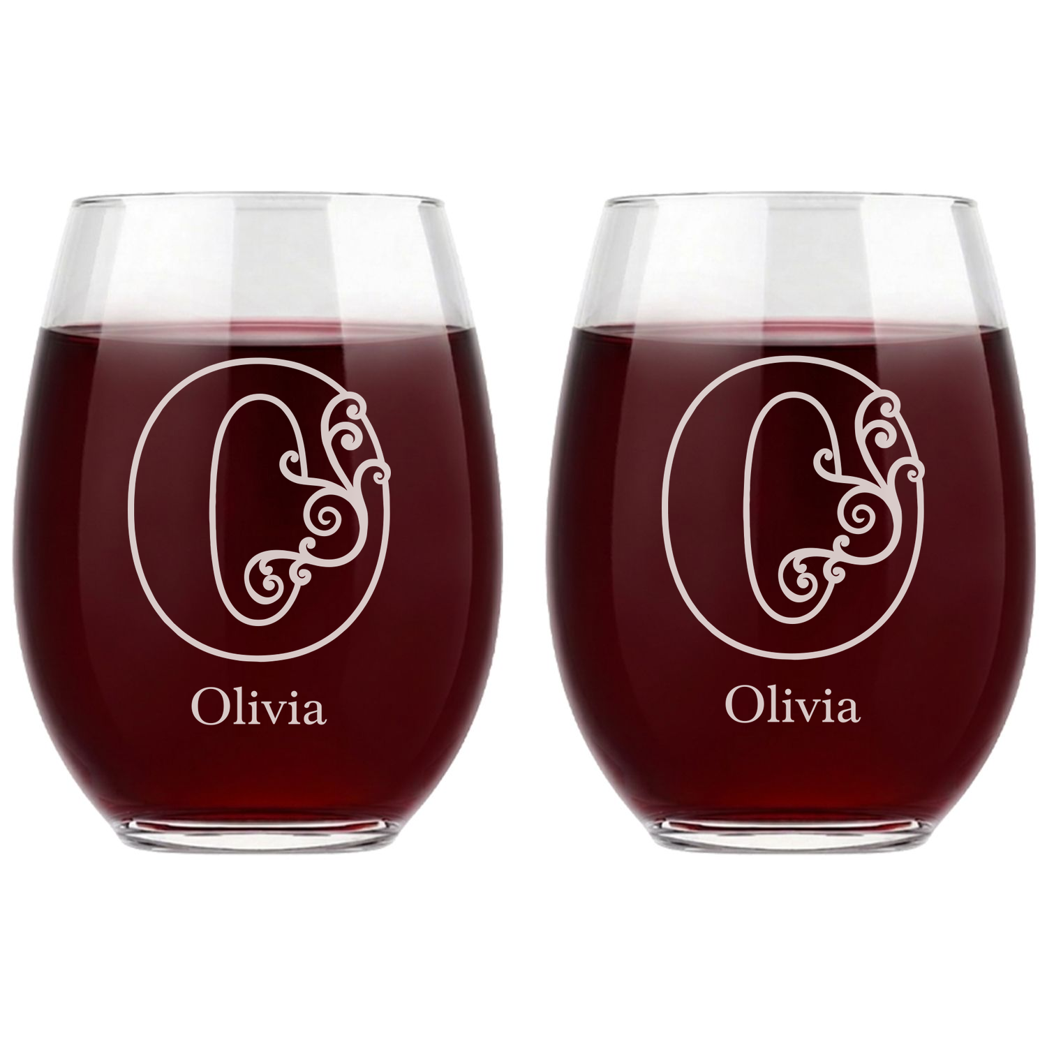 Personalized 1 Letter Floral Themed Monogram Wine Glass Custom Engraved 15 oz Stemless Wine Glass