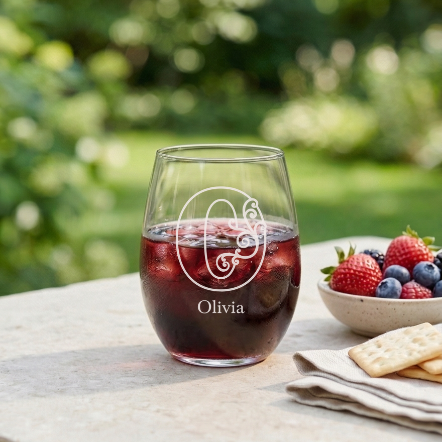 Personalized 1 Letter Floral Themed Monogram Wine Glass Custom Engraved 15 oz Stemless Wine Glass
