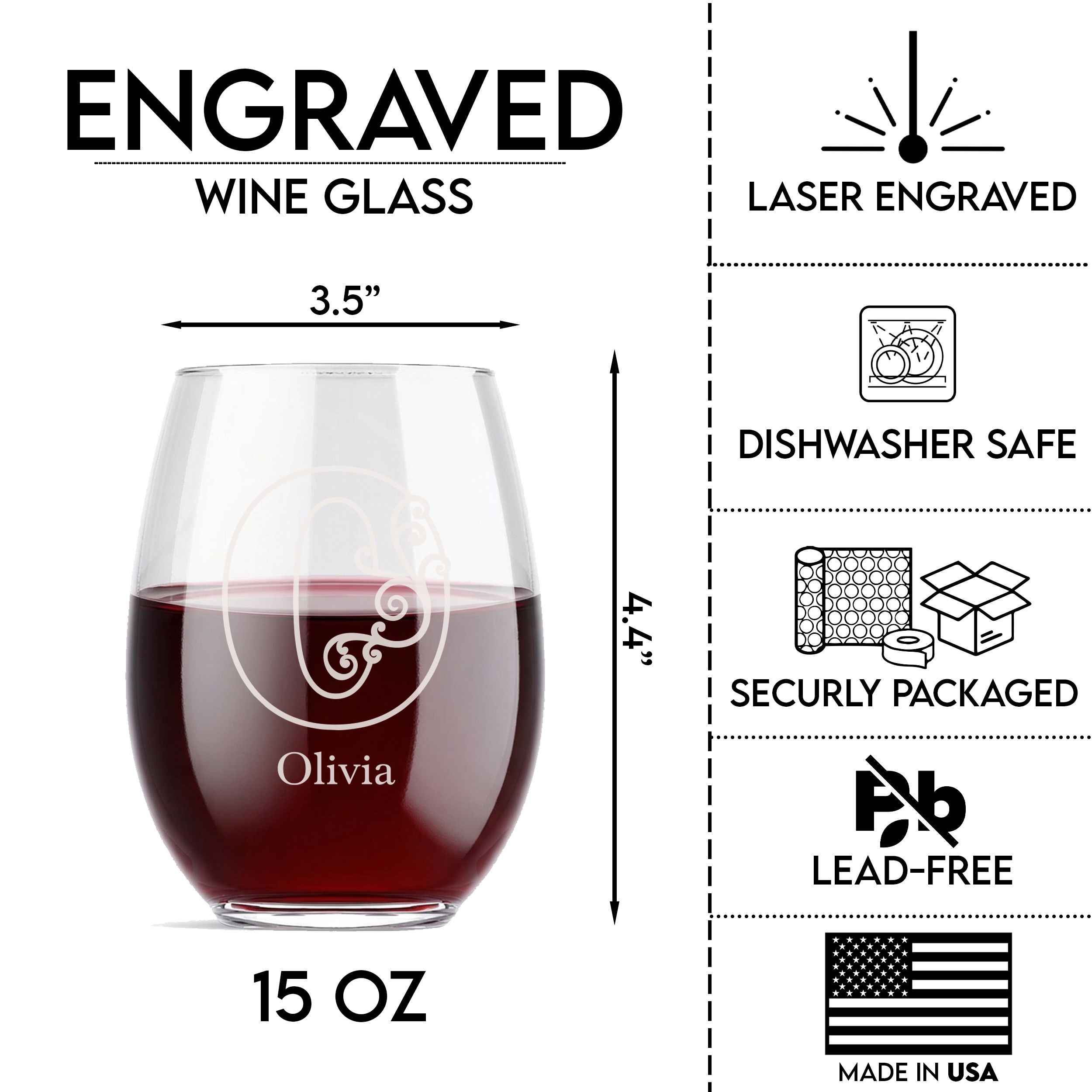 Personalized 1 Letter Floral Themed Monogram Wine Glass Custom Engraved 15 oz Stemless Wine Glass