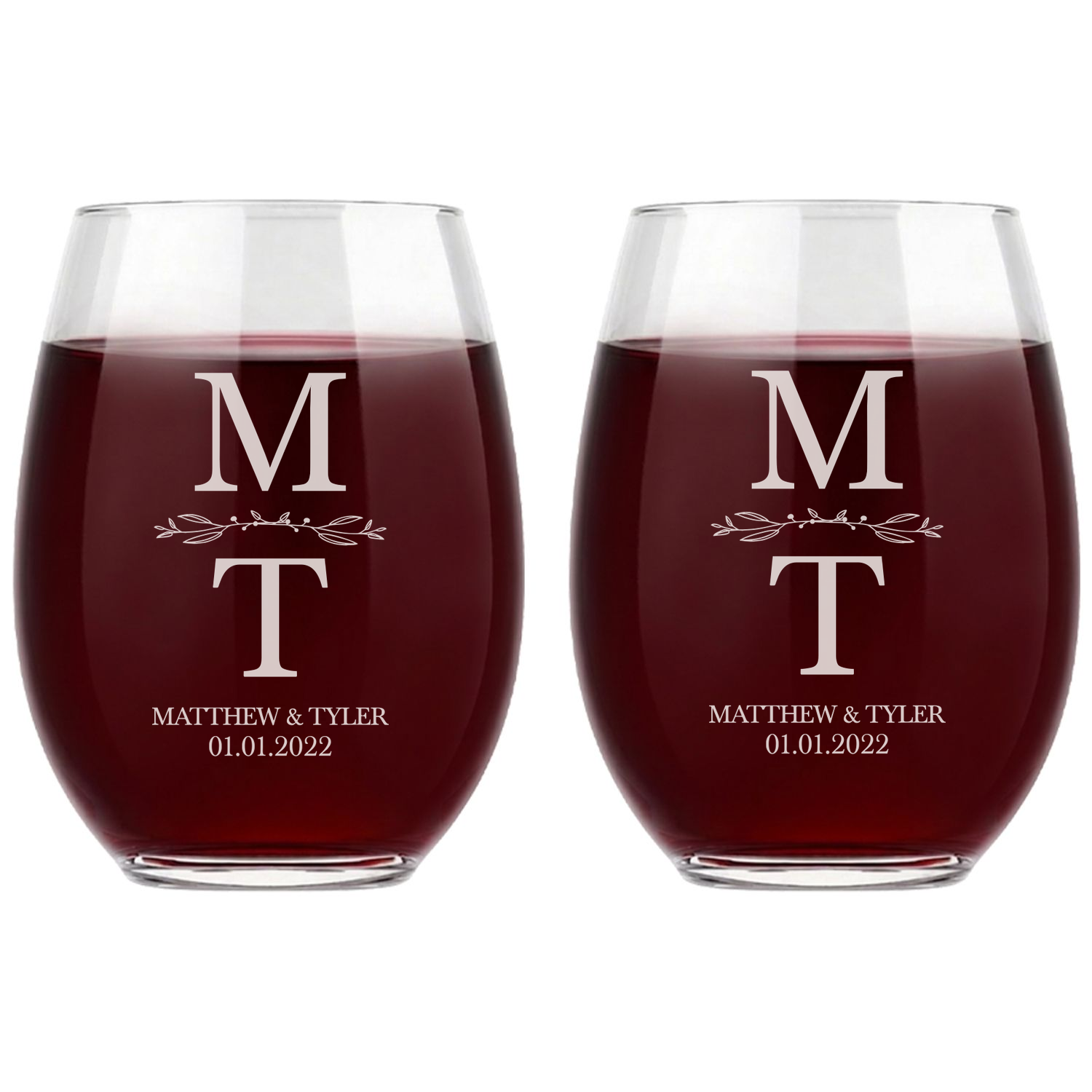 Personalized Wedding Themed Wine Glass Custom Engraved 15 oz Stemless Wine Glass