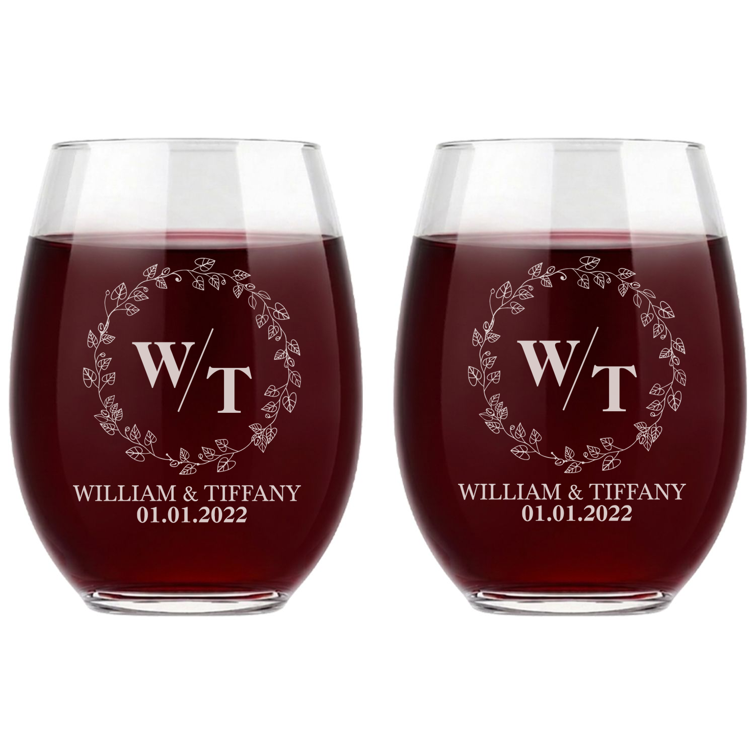Personalized Wedding Themed Wine Glass with Names Custom Engraved 15 oz Stemless Wine Glass
