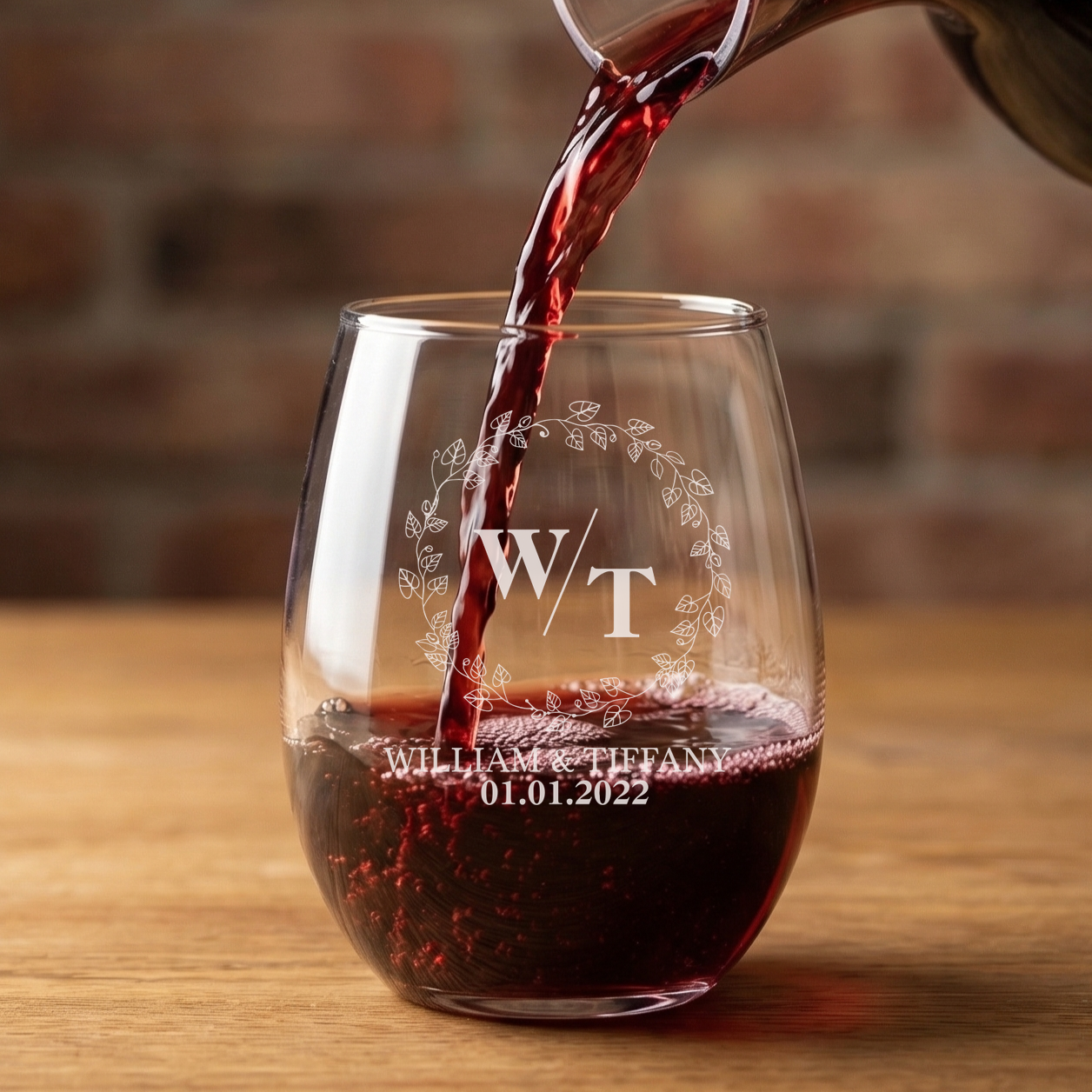 Personalized Wedding Themed Wine Glass with Names Custom Engraved 15 oz Stemless Wine Glass