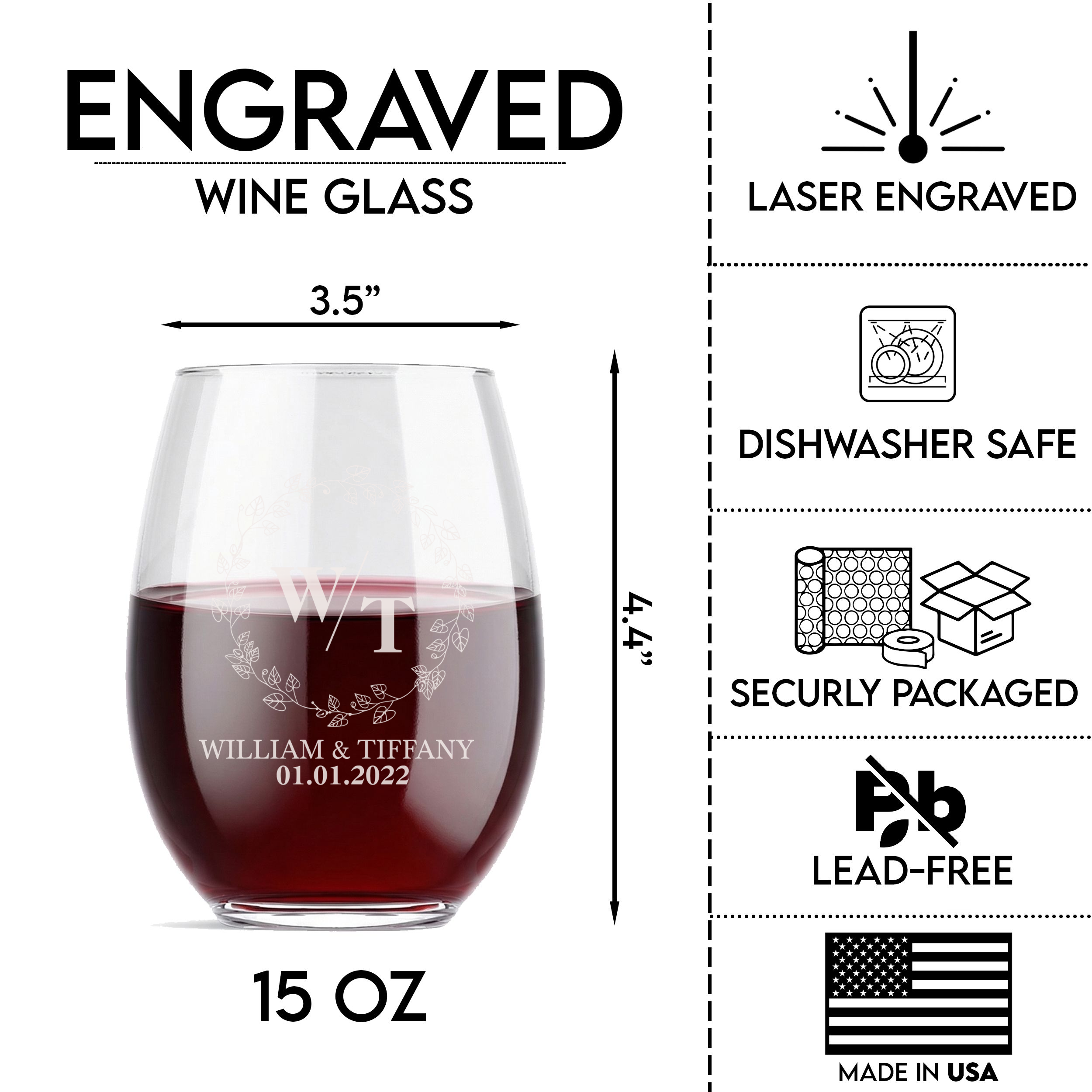 Personalized Wedding Themed Wine Glass with Names Custom Engraved 15 oz Stemless Wine Glass