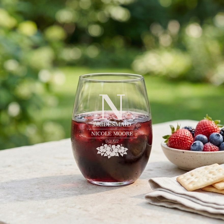 Personalized Bridesmaid Themed Wine Glass Custom Engraved 15 oz Stemless Wine Glass