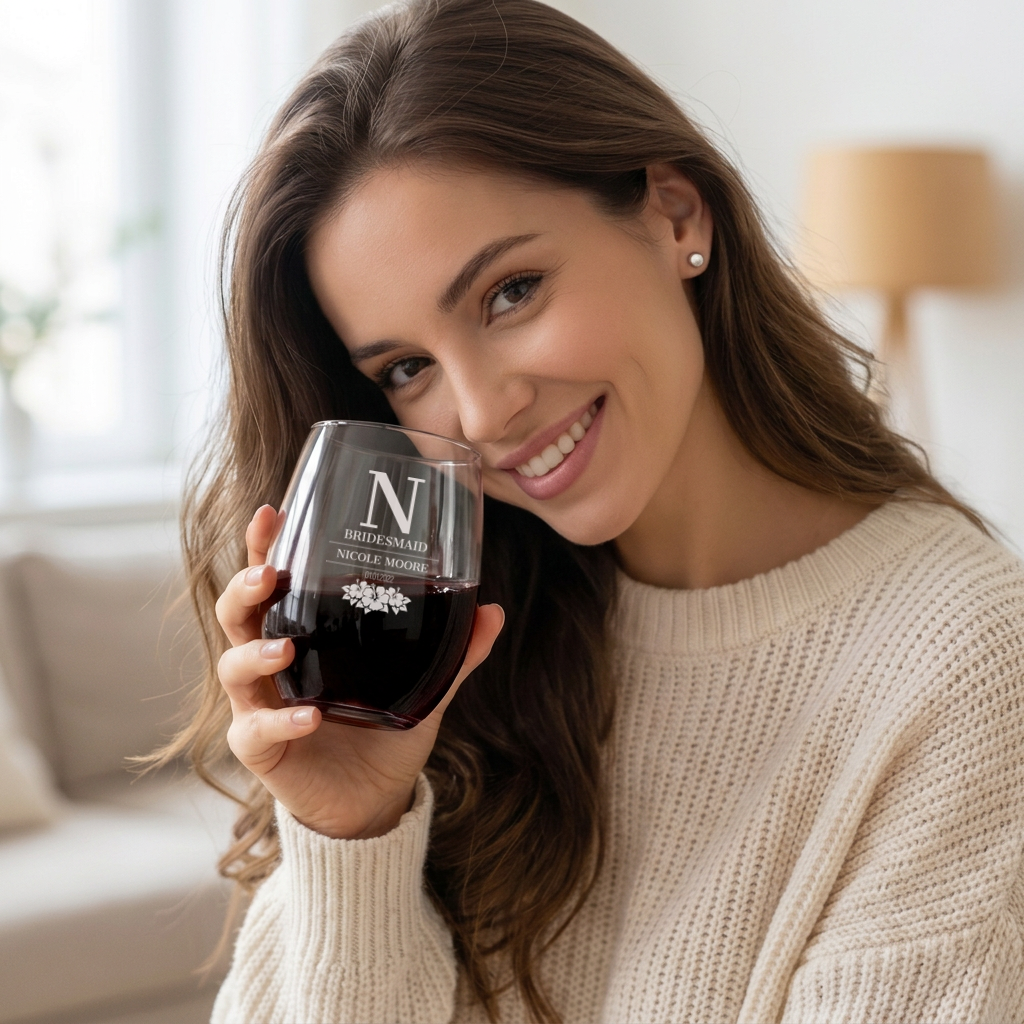 Personalized Bridesmaid Themed Wine Glass Custom Engraved 15 oz Stemless Wine Glass