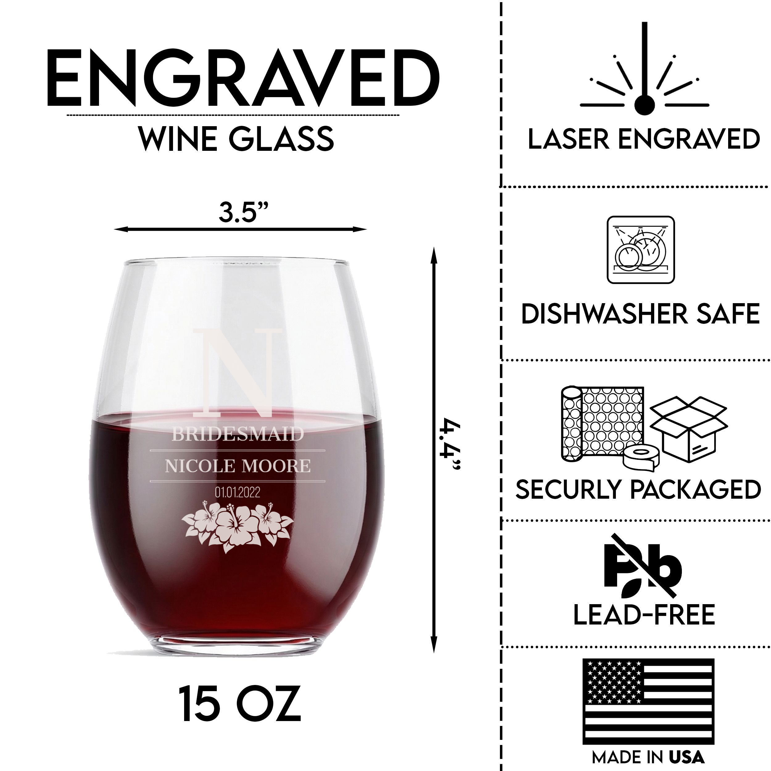 Personalized Bridesmaid Themed Wine Glass Custom Engraved 15 oz Stemless Wine Glass