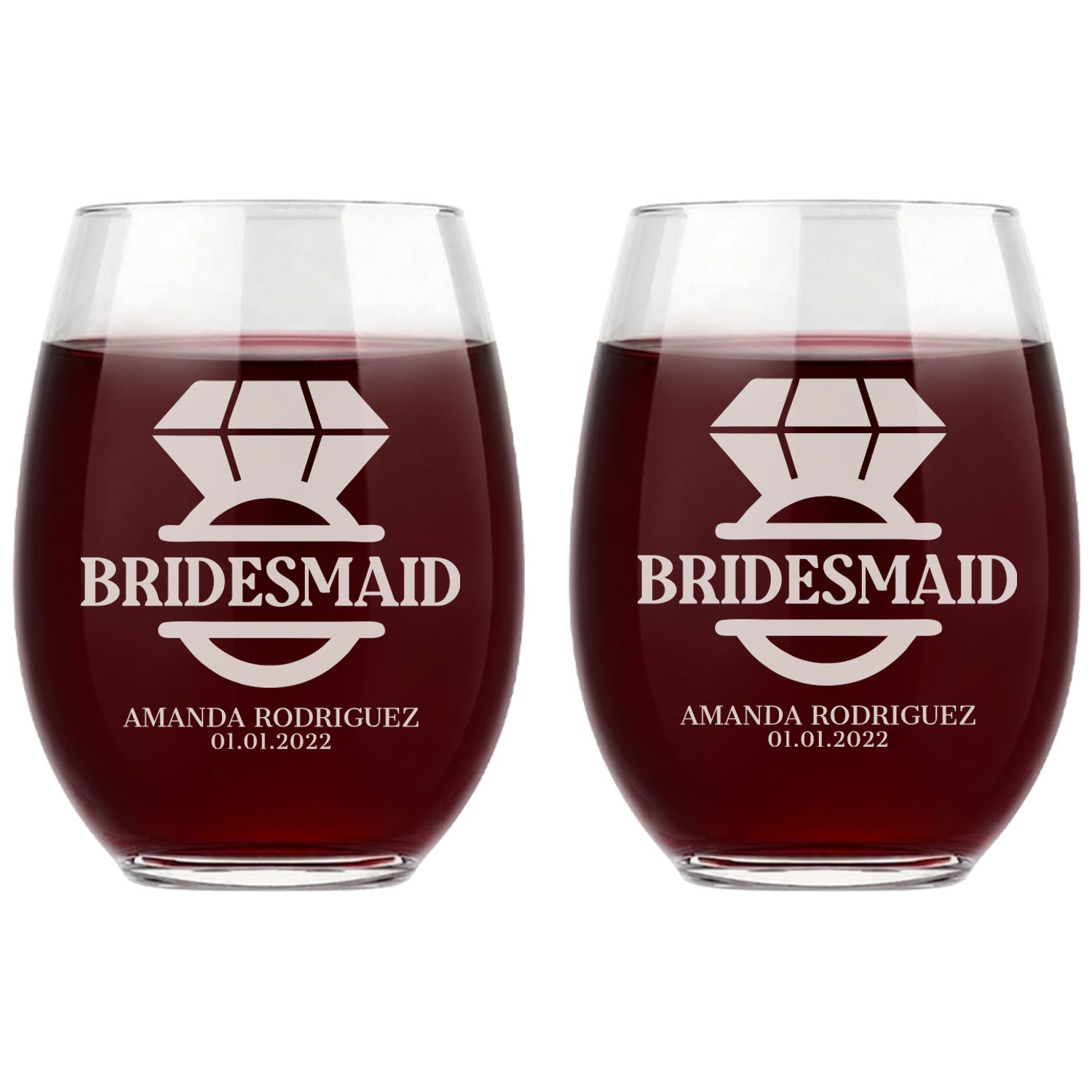 Personalized Wine Glass for Bridesmaid Custom Engraved 15 oz Stemless Wine Glass