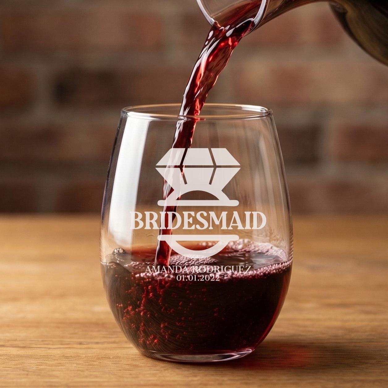 Personalized Wine Glass for Bridesmaid Custom Engraved 15 oz Stemless Wine Glass