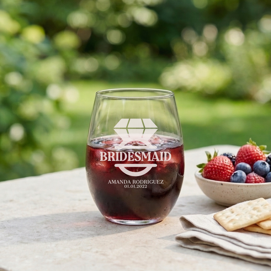Personalized Wine Glass for Bridesmaid Custom Engraved 15 oz Stemless Wine Glass