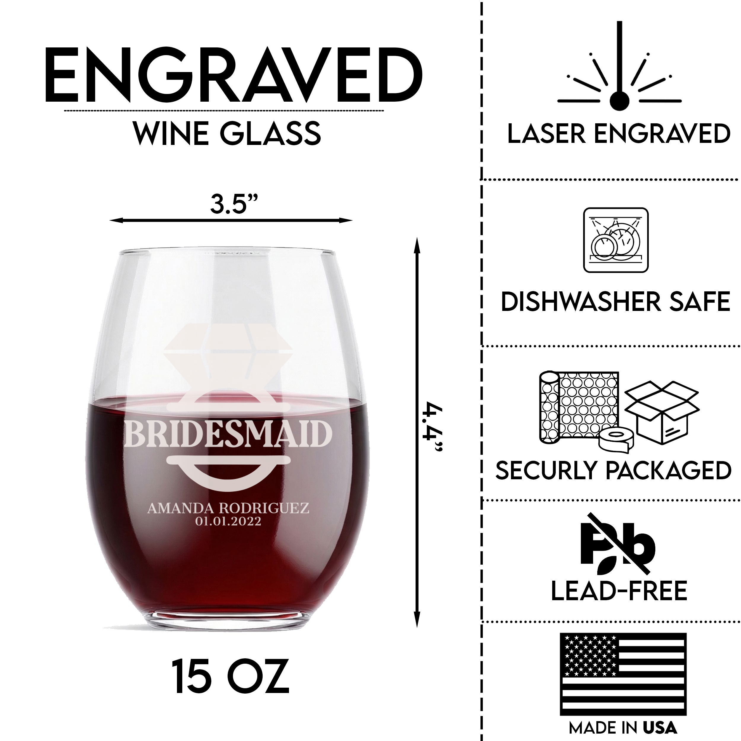 Personalized Wine Glass for Bridesmaid Custom Engraved 15 oz Stemless Wine Glass