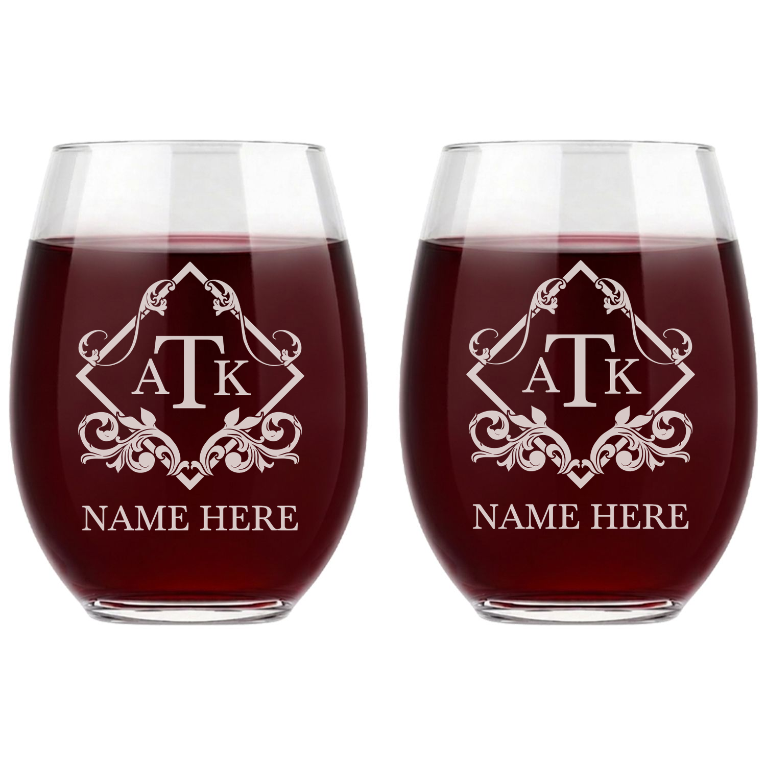 Personalized 3 Letter Monogram Wine Glass Custom Engraved 15 oz Stemless Wine Glass