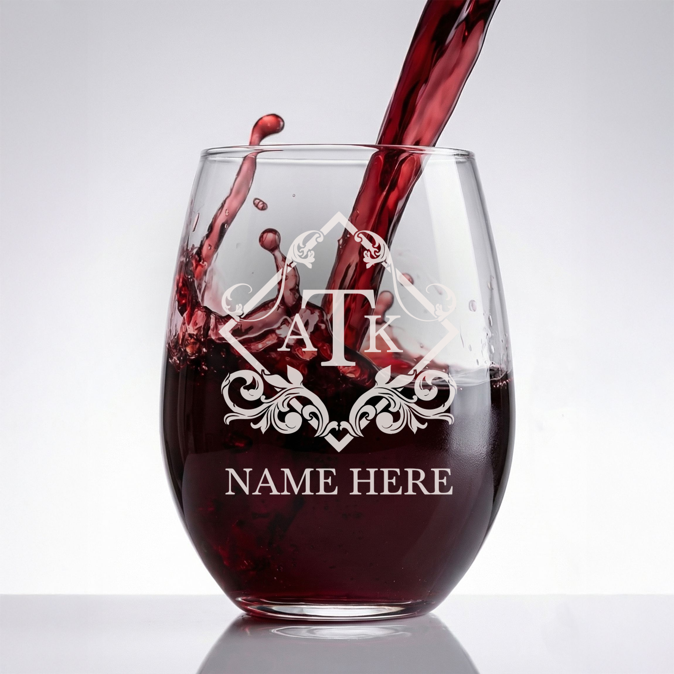 Personalized 3 Letter Monogram Wine Glass Custom Engraved 15 oz Stemless Wine Glass