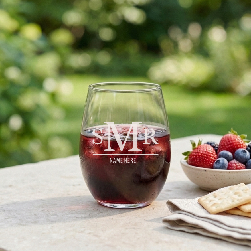 Personalized 3 Letter Monogram with Name Wine Glass Custom Engraved 15 oz Stemless Wine Glass