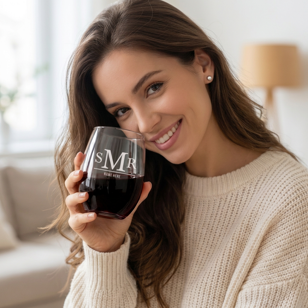 Personalized 3 Letter Monogram with Name Wine Glass Custom Engraved 15 oz Stemless Wine Glass