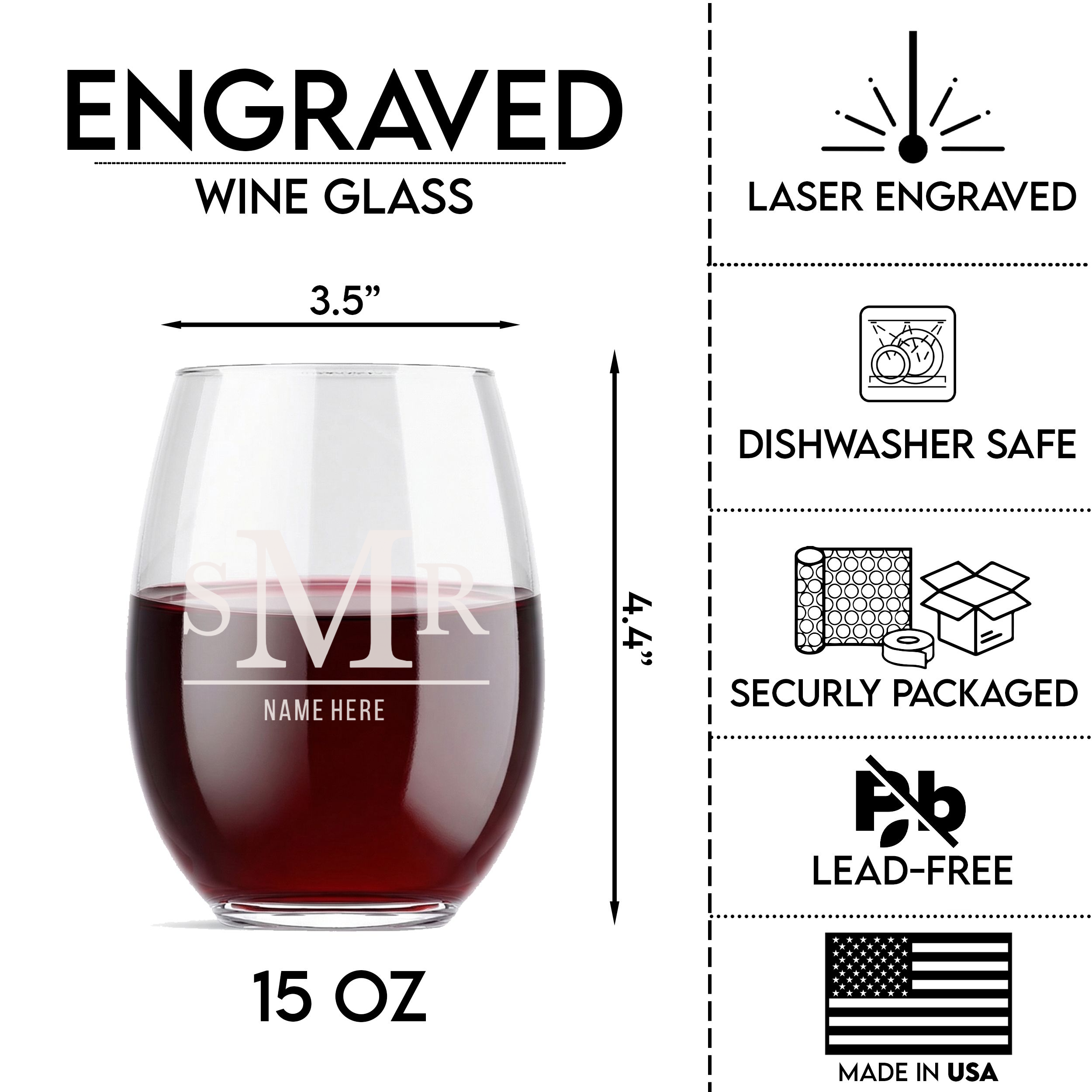 Personalized 3 Letter Monogram with Name Wine Glass Custom Engraved 15 oz Stemless Wine Glass