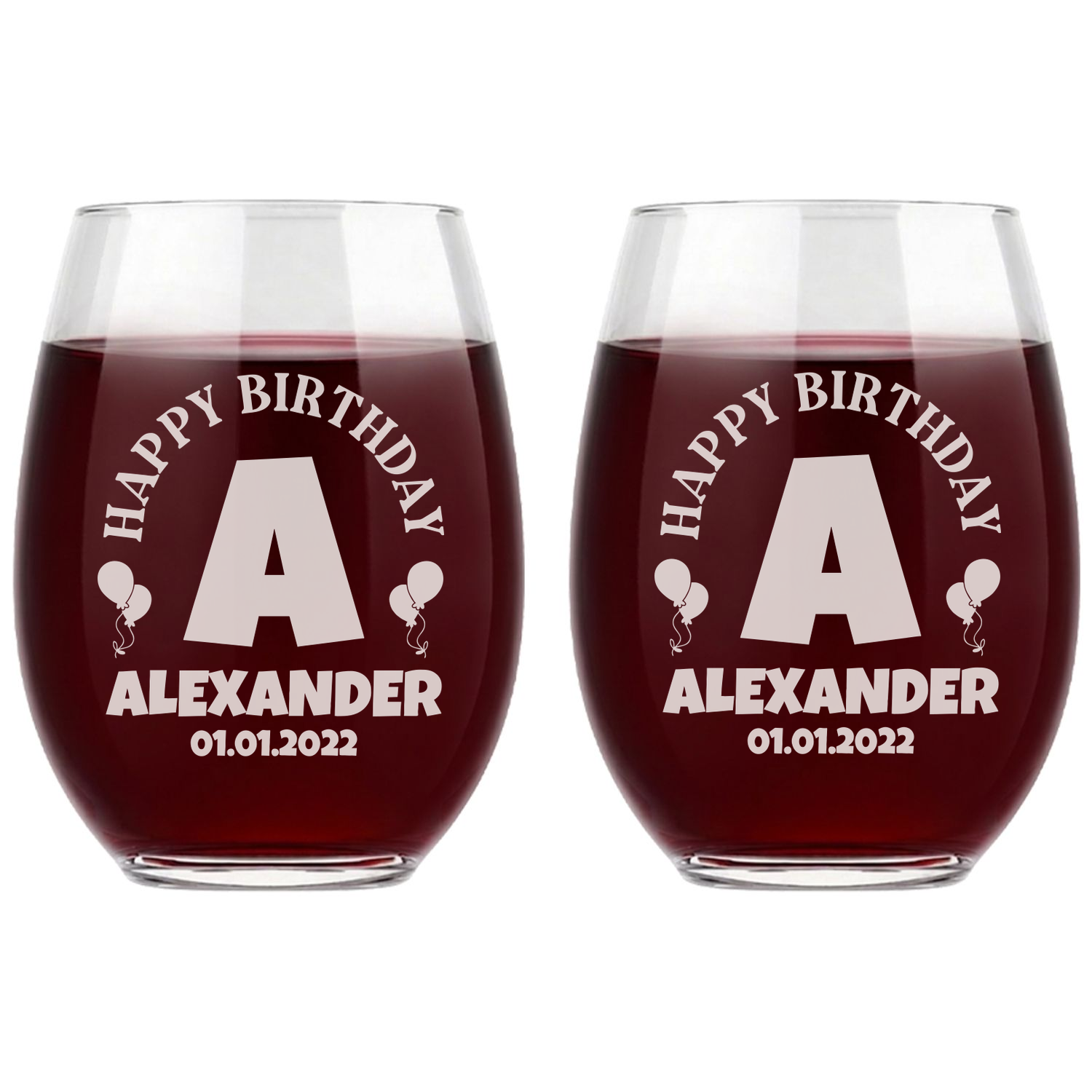 Personalized Birthday Themed Wine Glass Custom Engraved 15 oz Stemless Wine Glass