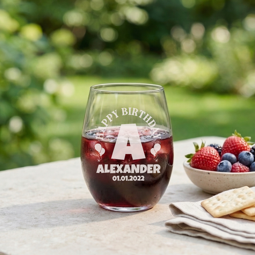 Personalized Birthday Themed Wine Glass Custom Engraved 15 oz Stemless Wine Glass