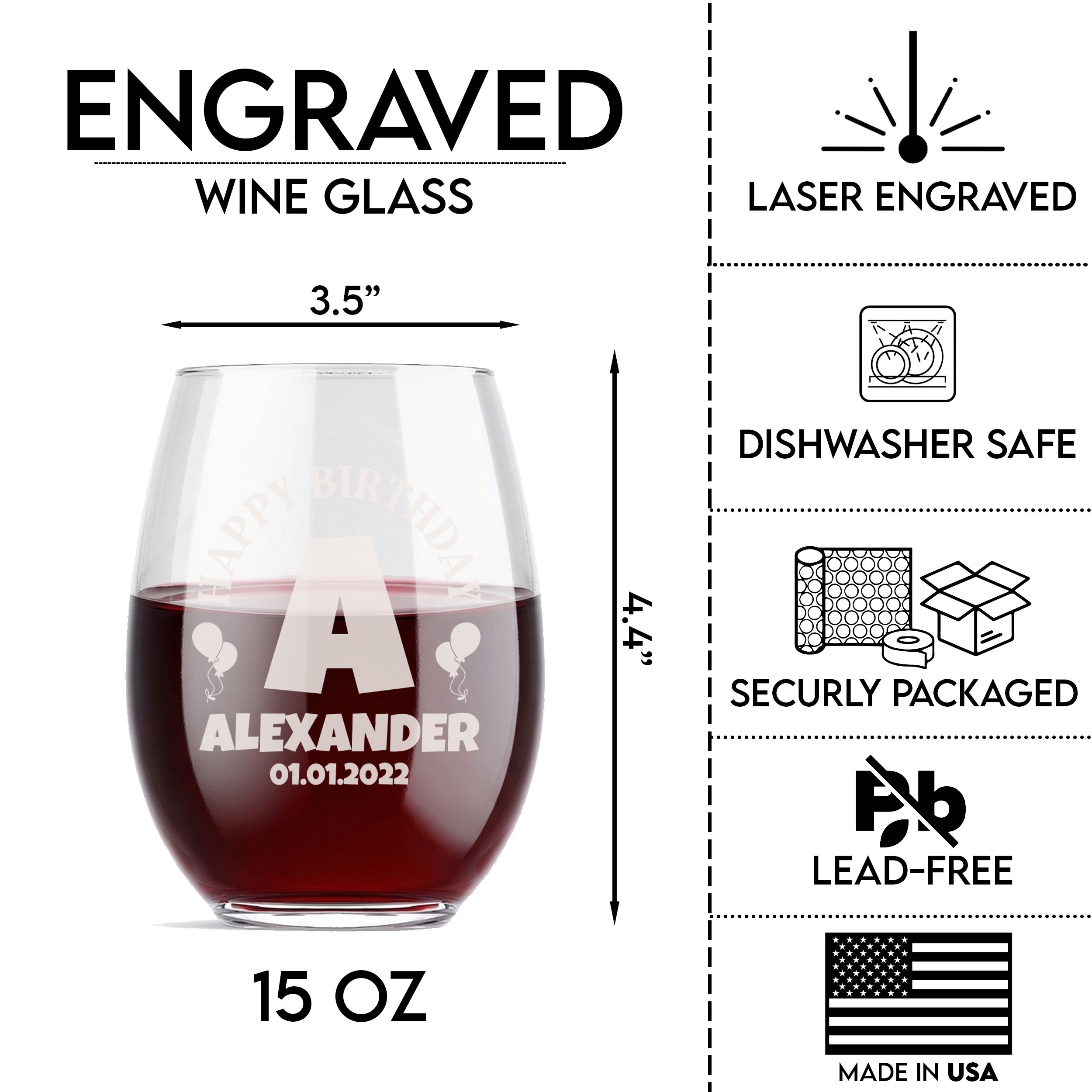 Personalized Birthday Themed Wine Glass Custom Engraved 15 oz Stemless Wine Glass