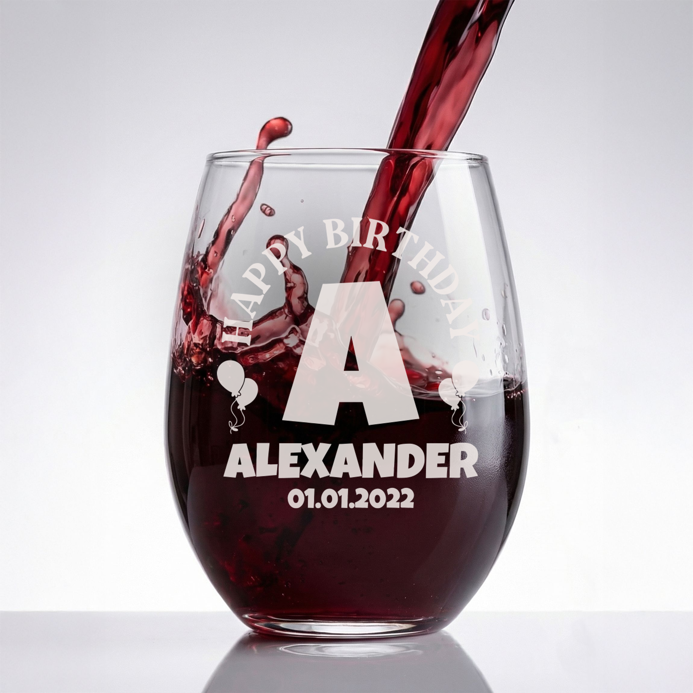 Personalized Birthday Themed Wine Glass Custom Engraved 15 oz Stemless Wine Glass